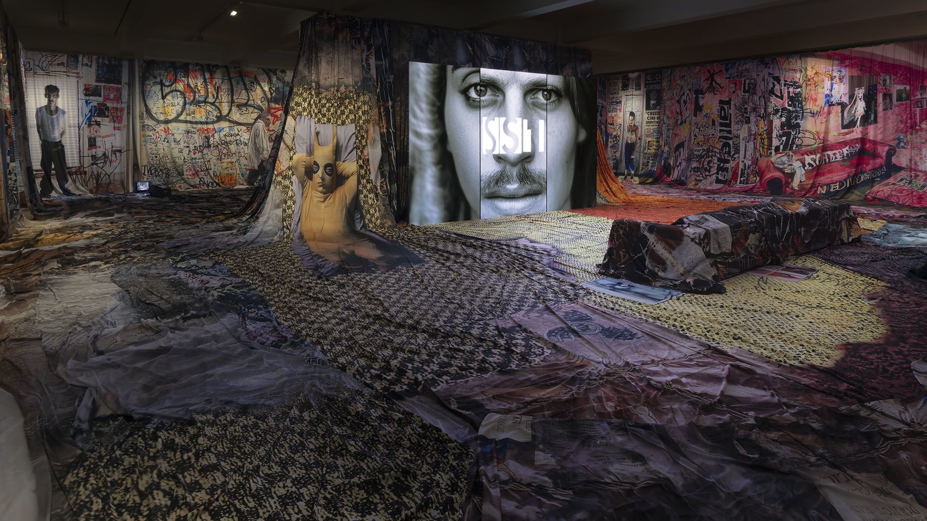Proof of Concept by Jon Rafman at Sprüth Magers LA — Jon Rafman's installation transforms the gallery into a layered media environment combining digital and textile elements.