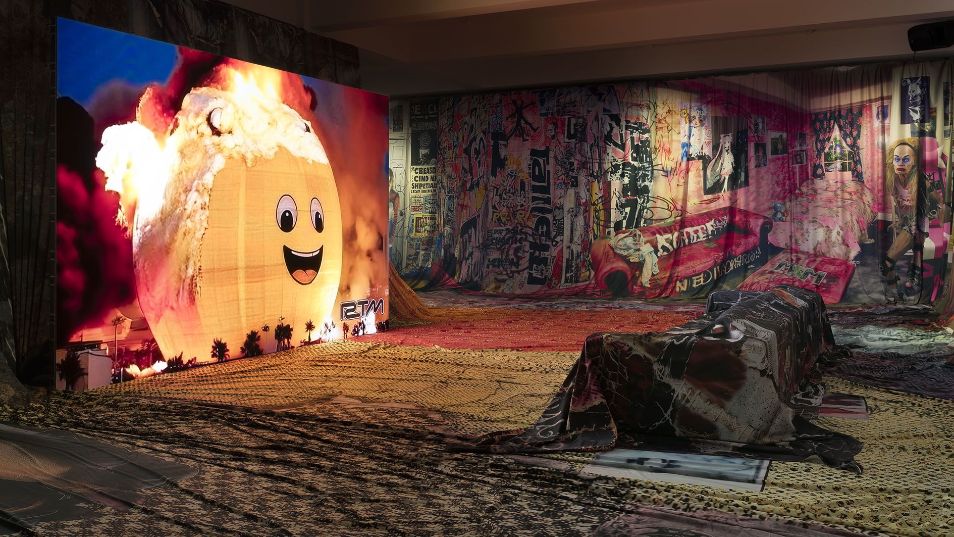Proof of Concept by Jon Rafman at Sprüth Magers LA — Jon Rafman's installation merges MTV-era aesthetics with AI-generated imagery in a densely layered gallery environment.