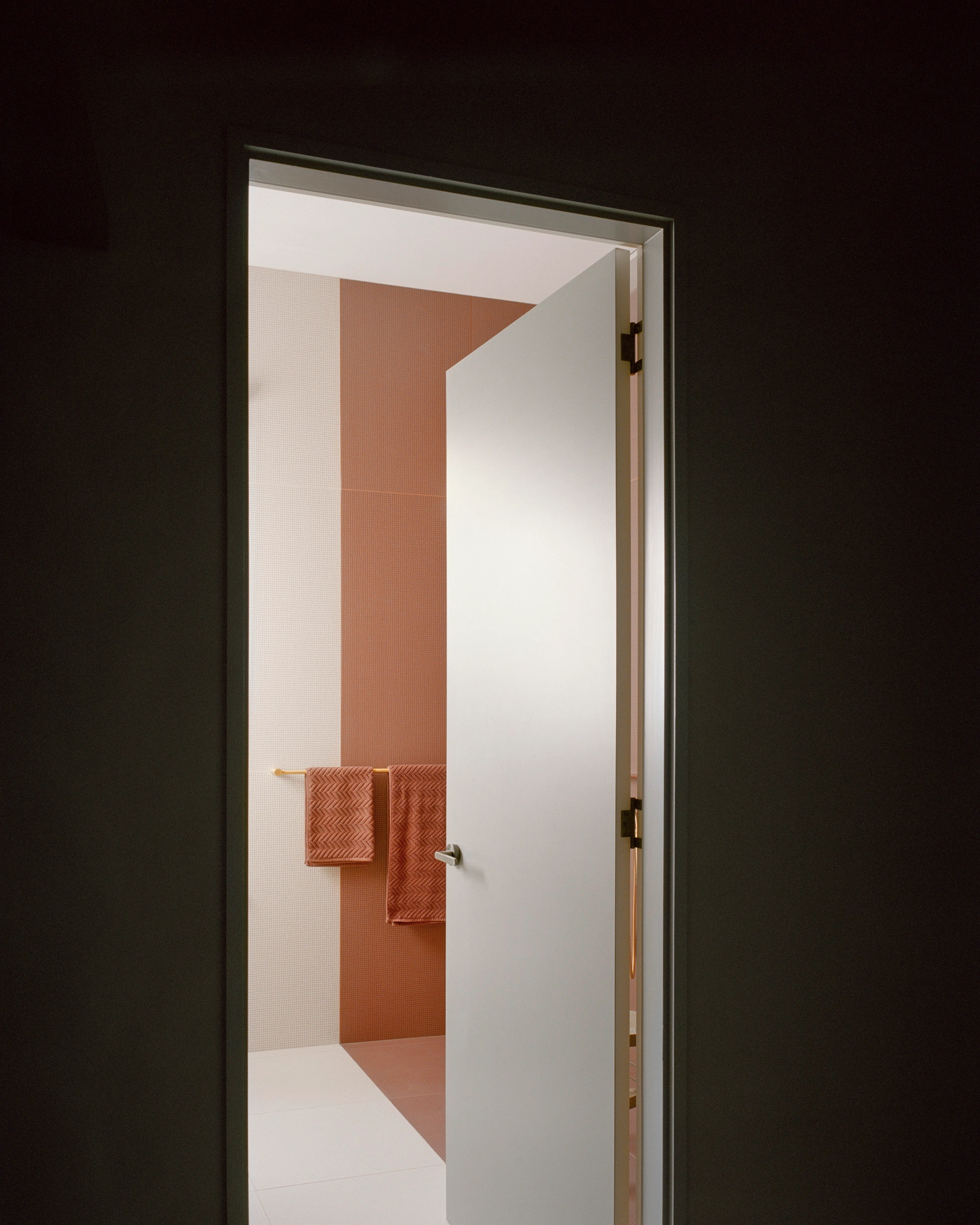 House K by Kart Projects — A threshold view into a bathroom extension reveals the material and spatial strategy of House K.
