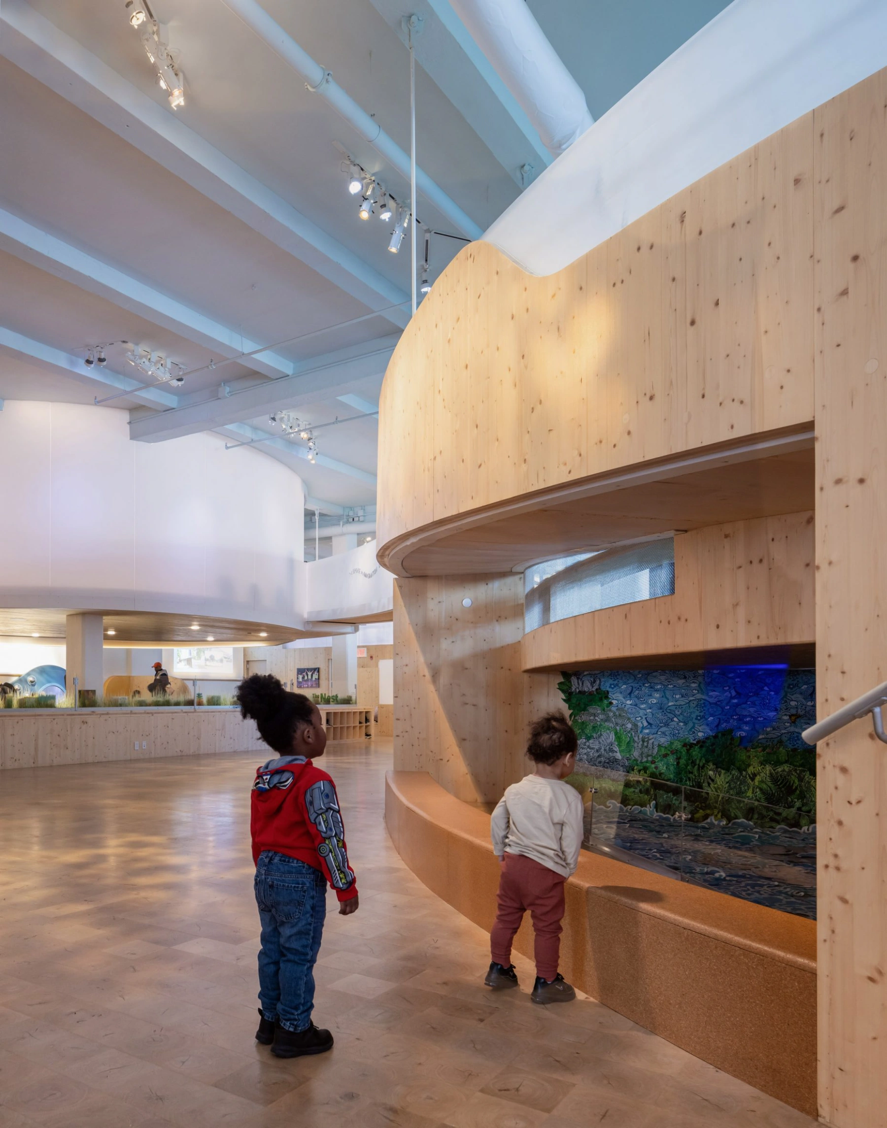 Bronx Children's Museum by O'Neill McVoy — Two children observe an aquarium display embedded within a sculptural timber wall constructed from light pine or spruce with prominent knots throughout.