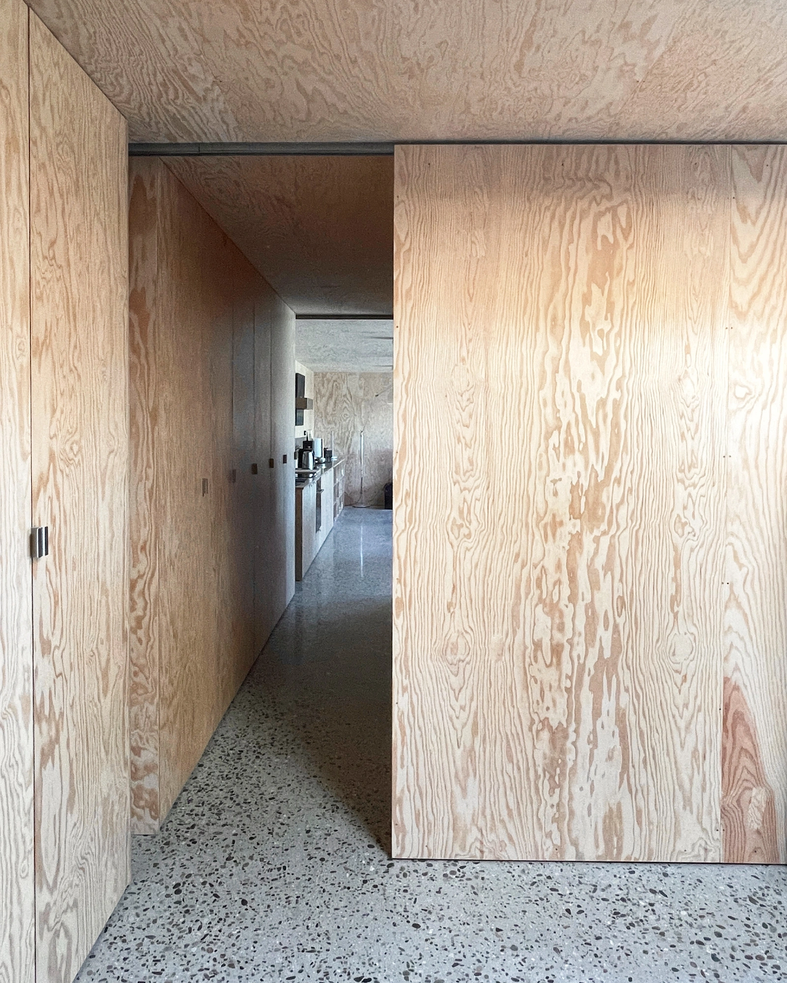 M37 House by BAST + littoral — A narrow corridor lined with plywood walls in blonde ash tones extends through the M37 house's interior, creating a compressed passage that opens onto a...