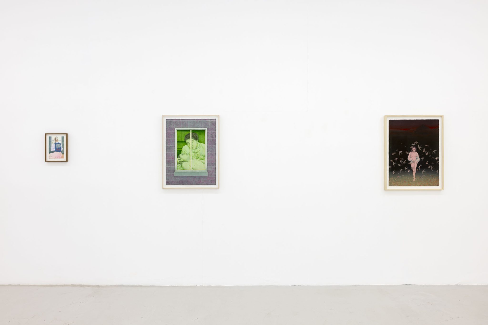 Viscous Group Show at Cassina Projects — Three framed works hang on a white gallery wall, spaced asymmetrically across the expanse.