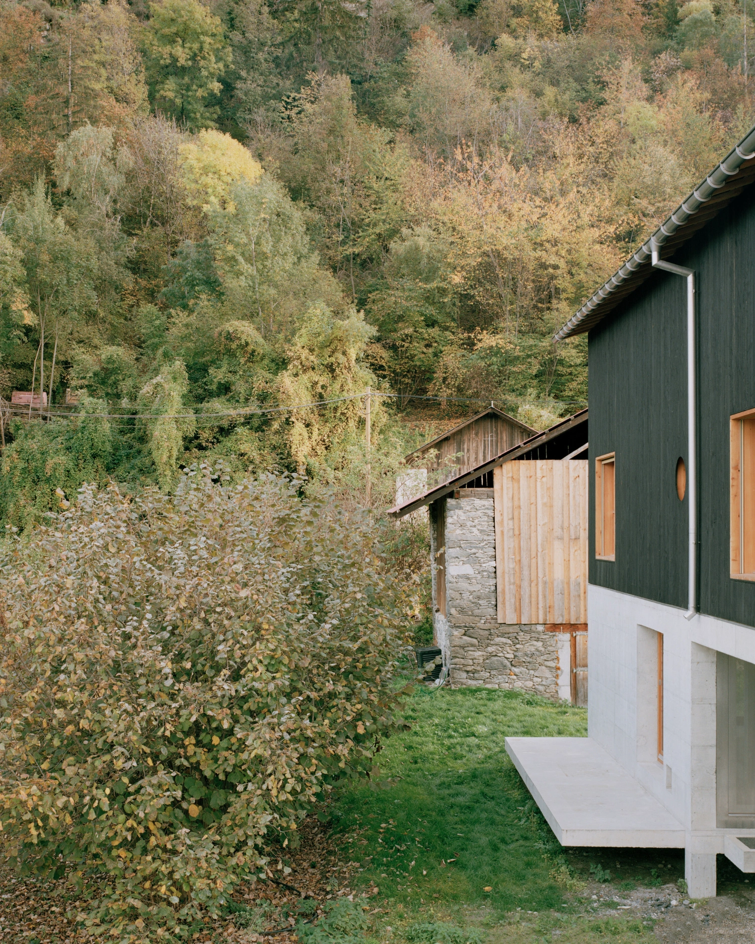 The Wandering House by Lionel Ballmer — The new residential volume rises on a white concrete plinth, its dark timber-clad upper section featuring a continuous horizontal window band with timber...