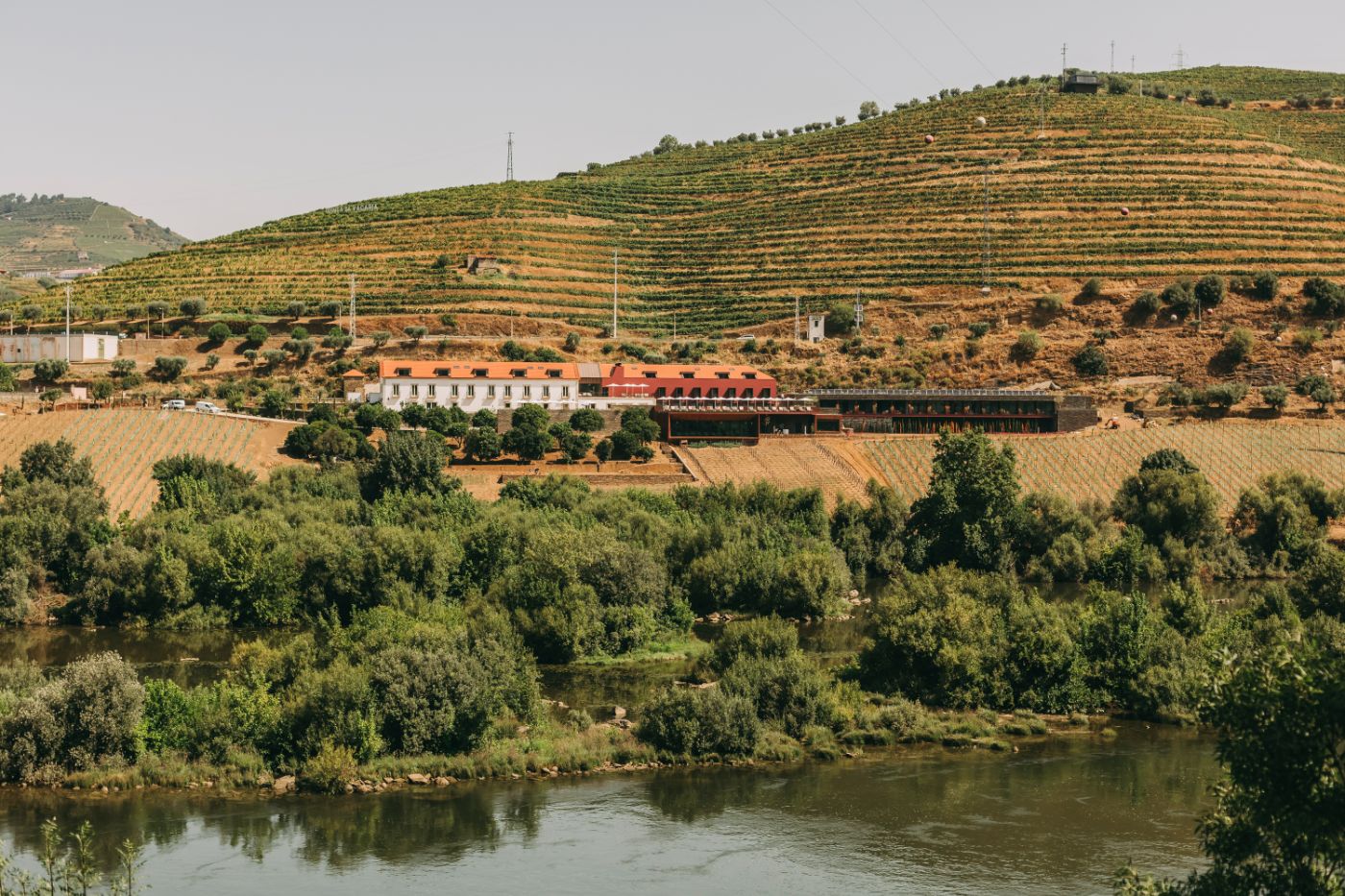 Torel Quinta da Vacaria in Douro Valley by Studio Astolfi and architect Luís Miguel Oliveira — Torel Quinta da Vacaria's terracotta-rendered hospitality building sits embedded within the Douro Valley's steep vineyard terraces, its horizontal mass...