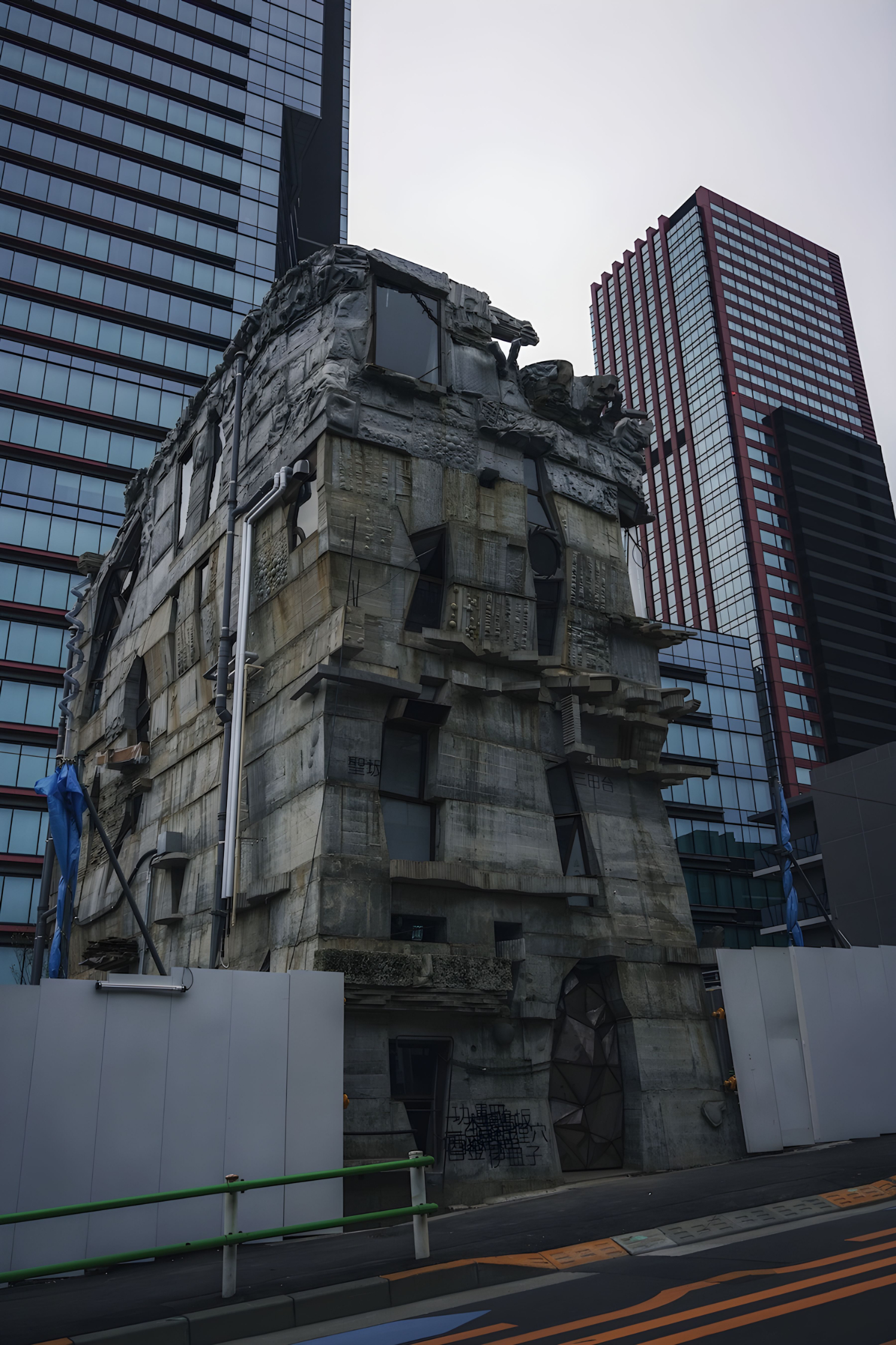 Arimaston Building by Keisuke Oka — The Arimaston Building's concrete mass dominates the frame, its irregular surface carved by years of exposure and hand-worked casting seams.