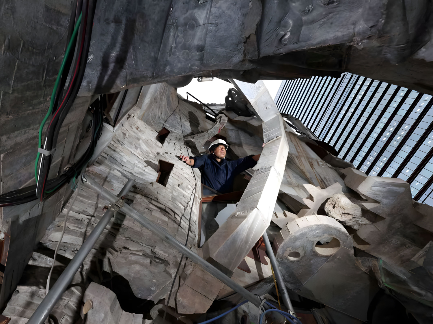 Arimaston Building by Keisuke Oka — A worker in white hard hat and dark jacket navigates the interior cavity of Arimaston Building, positioned within the angular concrete void where irregular...