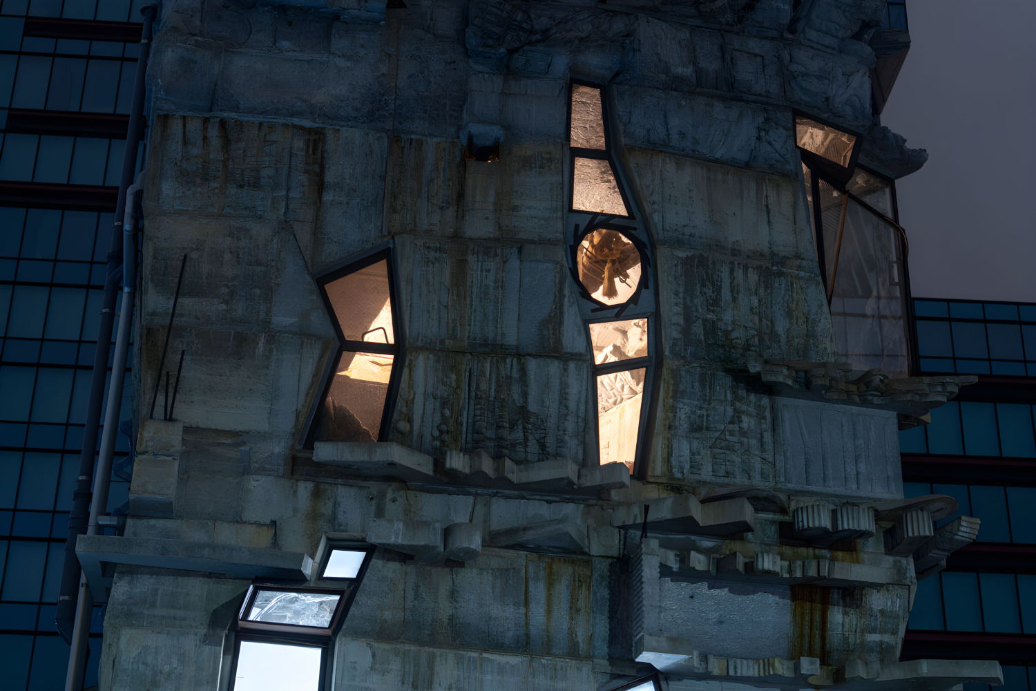 Arimaston Building by Keisuke Oka — Dusk light floods through the Arimaston Building's asymmetrical concrete facade, illuminating its irregular window openings from within.