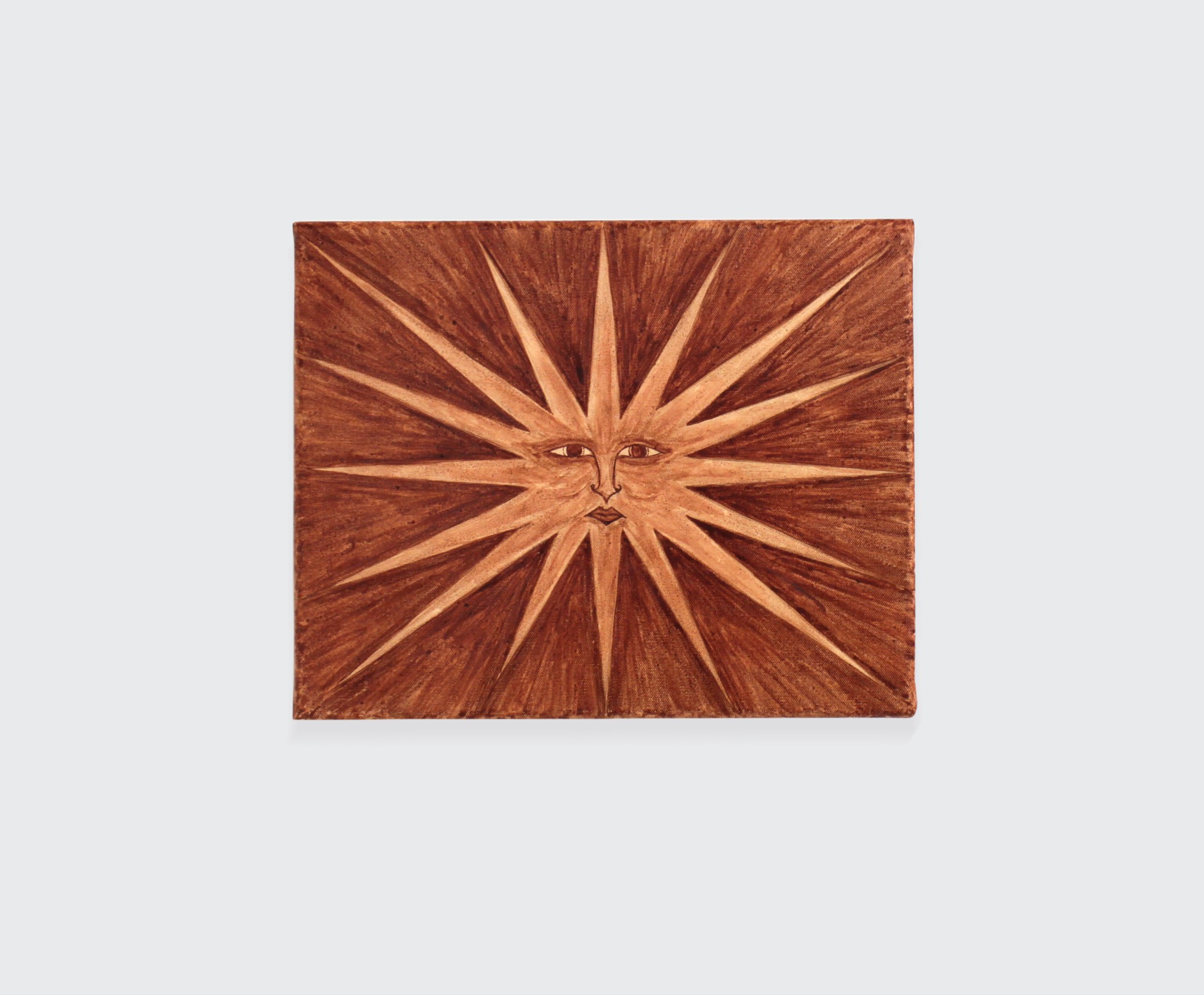Solve & Coagula by Alison Flora at DS Galerie by Thomas Havet — A wood panel carved in relief depicts a frontal face with radiating linear rays extending outward in symmetric composition.