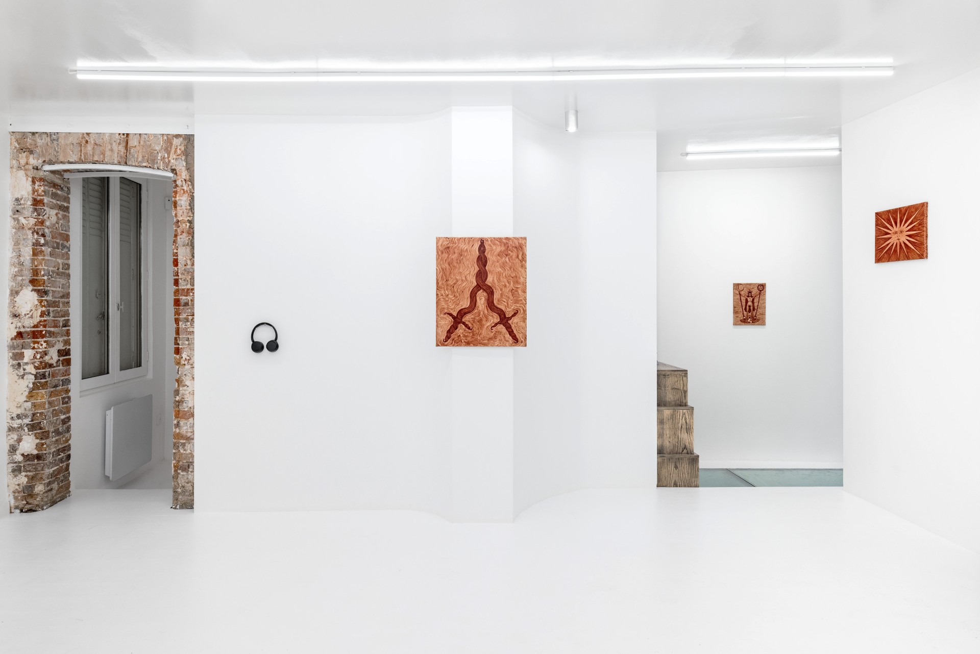 Solve & Coagula by Alison Flora at DS Galerie by Thomas Havet — A sparse gallery interior presents four rust-pigmented artworks on white walls alongside sculptural elements.