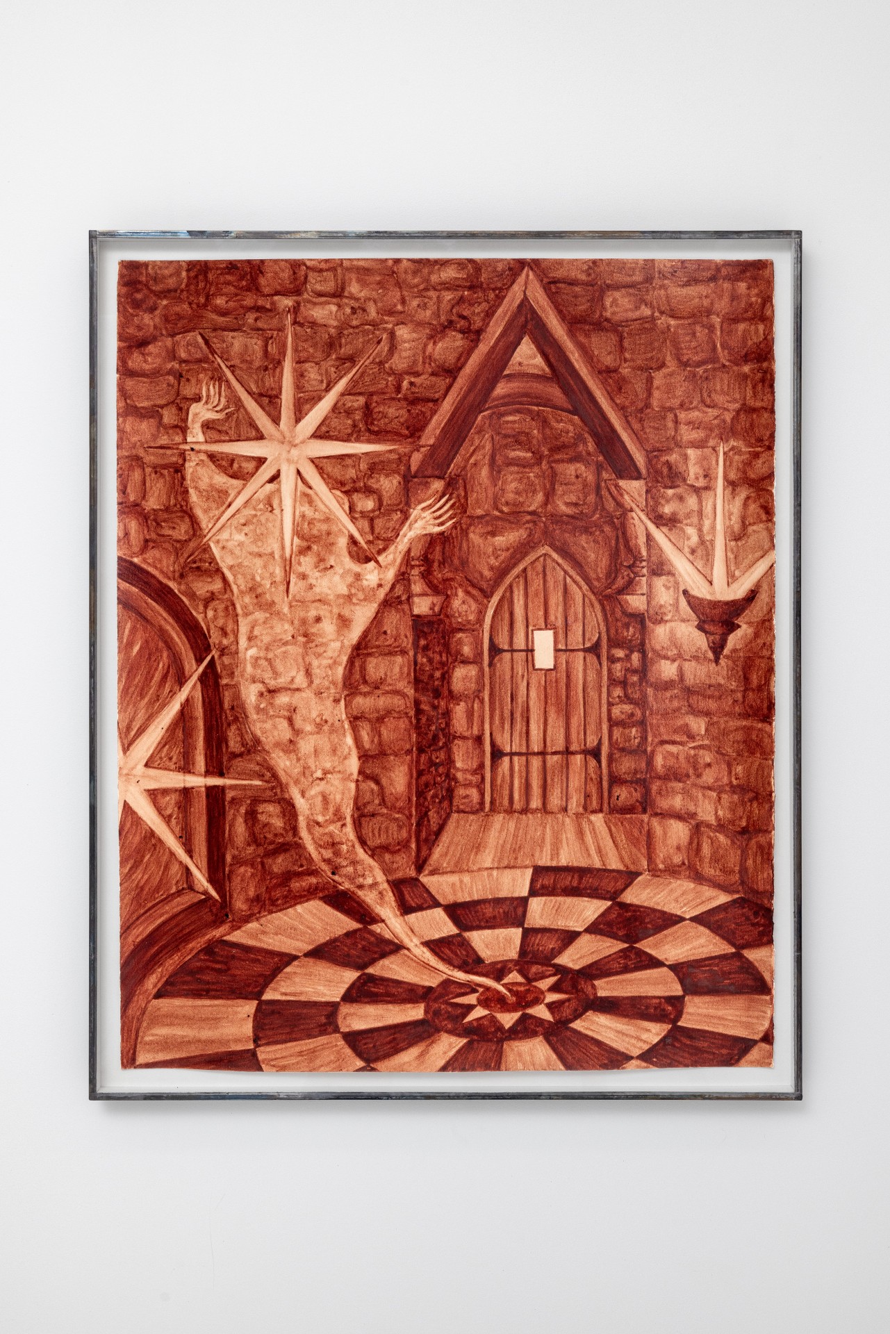 Solve & Coagula by Alison Flora at DS Galerie by Thomas Havet — A framed woodcut or relief print rendered in warm terracotta and rust tones depicts an interior architectural scene dominated by a soaring pointed arch and...