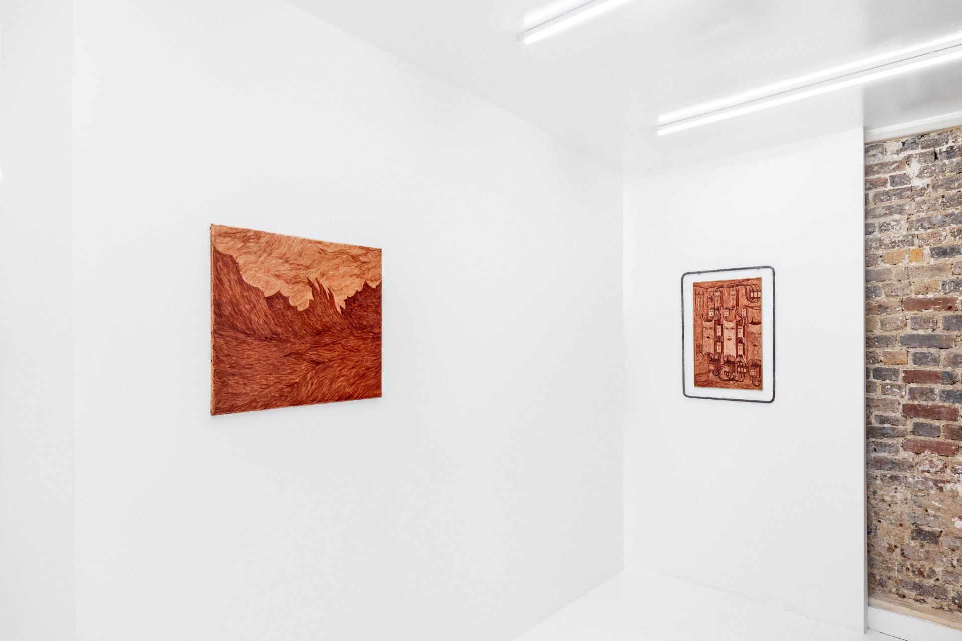 Solve & Coagula by Alison Flora at DS Galerie by Thomas Havet — Two framed artworks in rust and terracotta pigment hang on white gallery walls, their saturated ochre tones activating the minimal interior.
