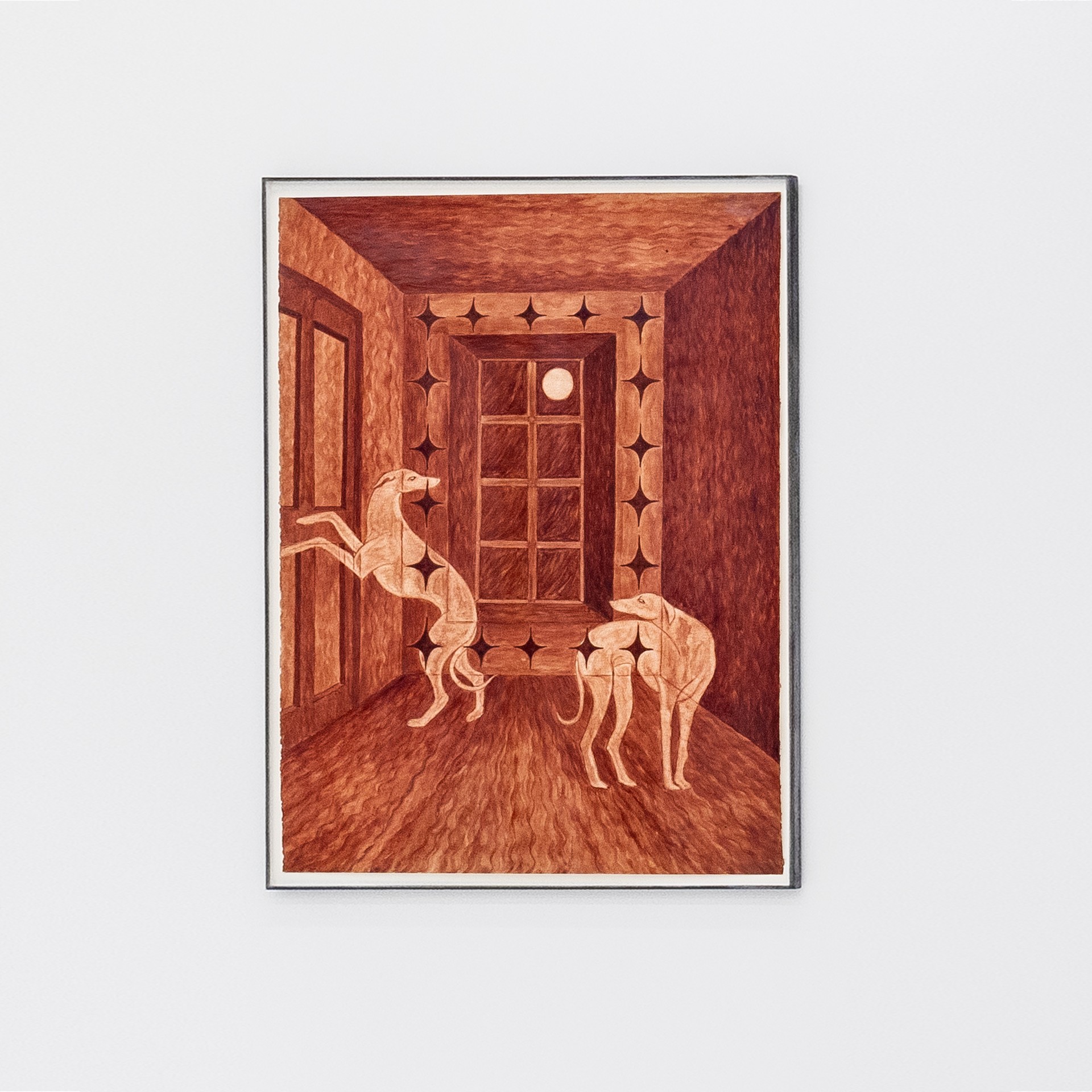 Solve & Coagula by Alison Flora at DS Galerie by Thomas Havet — A framed wood inlay artwork depicting two elongated dogs in light wood grain against a deep burgundy interior.