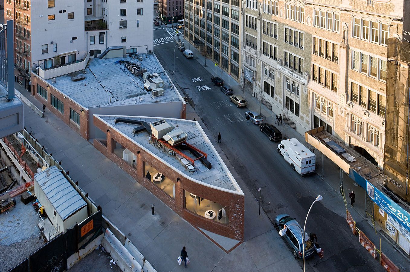 Yohji Yamamoto NYC Store by Junya Ishigami — Aerial view of the completed Yohji Yamamoto store reveals the wedge-shaped footprint carved into the urban block.