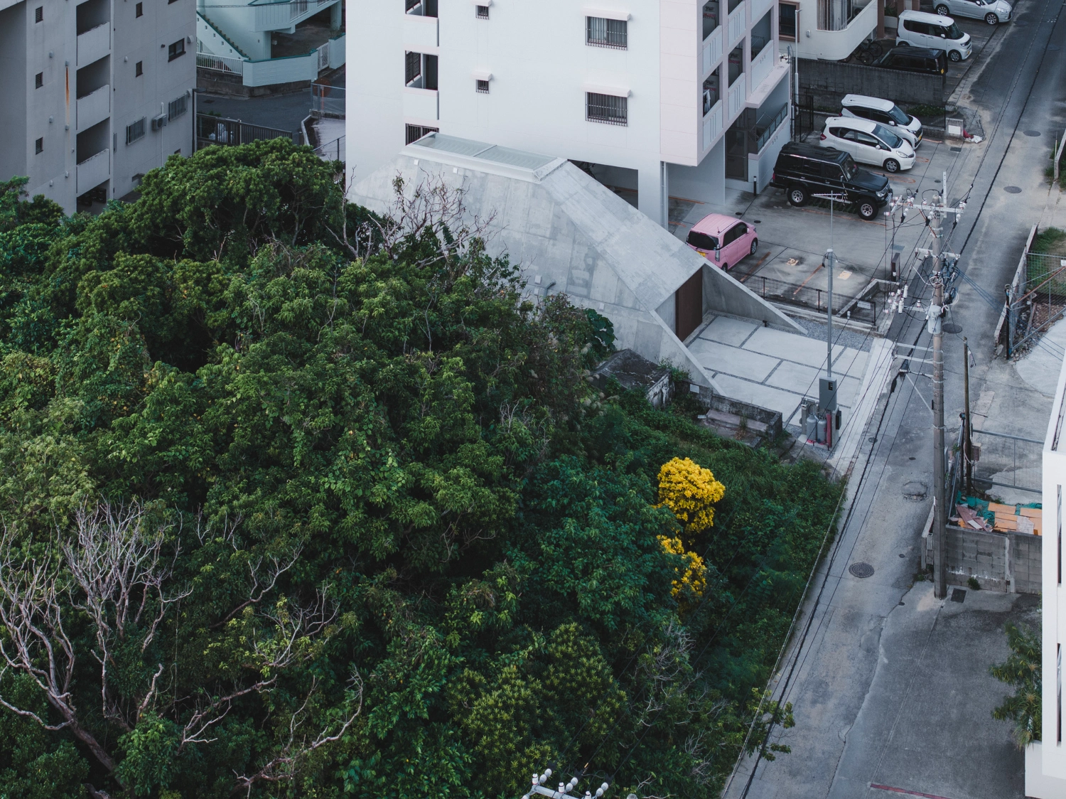 Pyramid Hut by IGArchitects — Aerial view of Pyramid Hut's forecourt and approach, revealing the project's spatial relationship to its dense urban context.