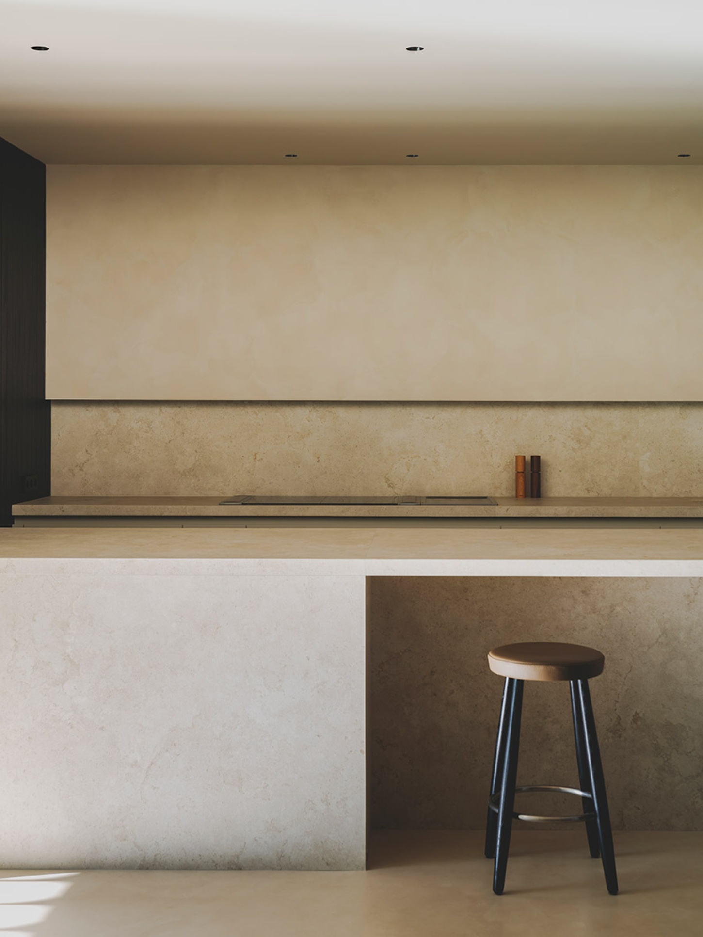 S29 House by Francesc Rifé Studio + Exit Projectes — A kitchen counter viewed at eye level reveals a wooden bar stool with a natural timber seat and blackened steel legs positioned beneath a floating timber shelf.