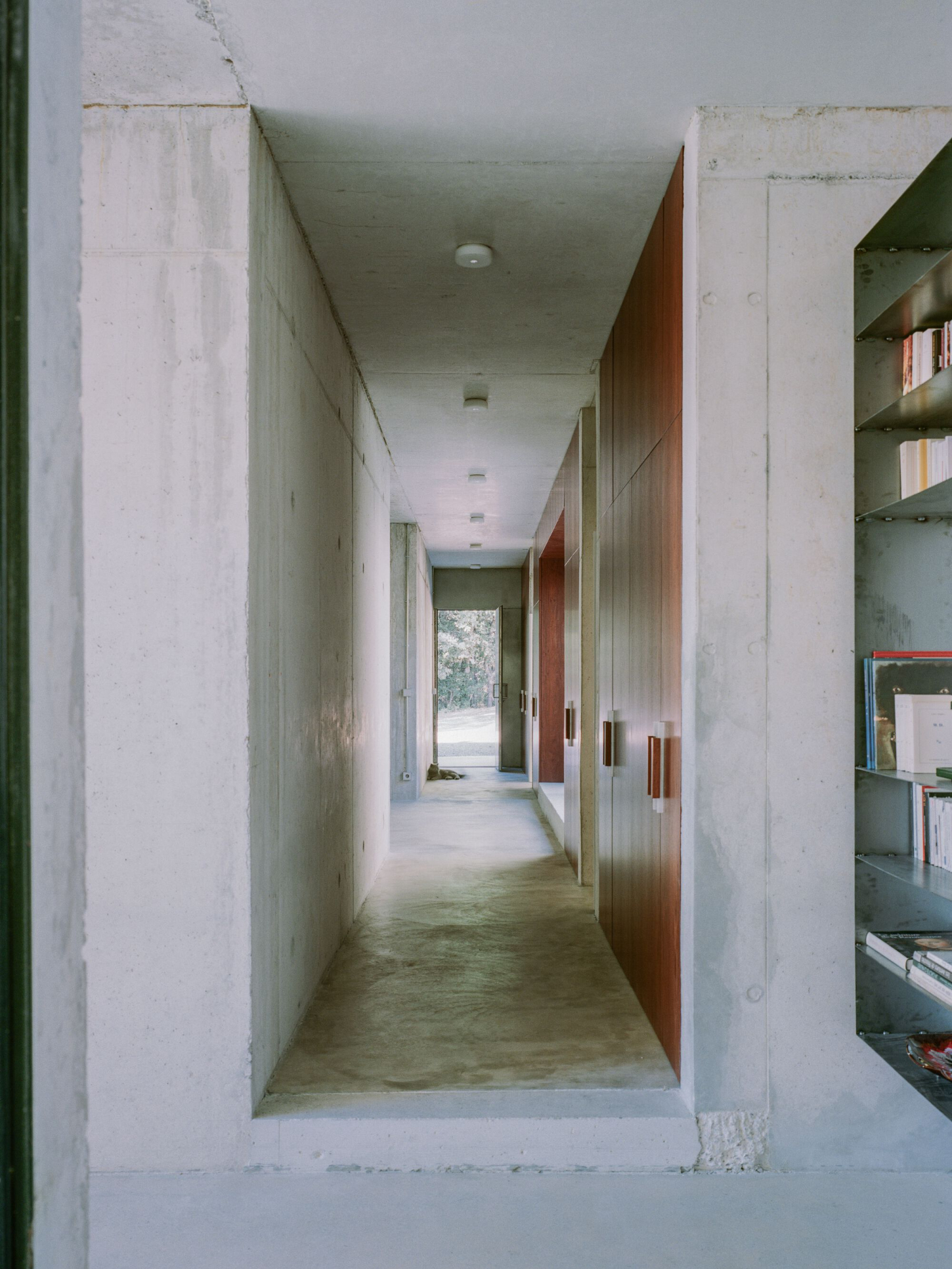 PAYZ House by Alors Studio — A linear corridor extends through board-formed concrete walls, punctuated by a burgundy-stained timber door mid-passage.