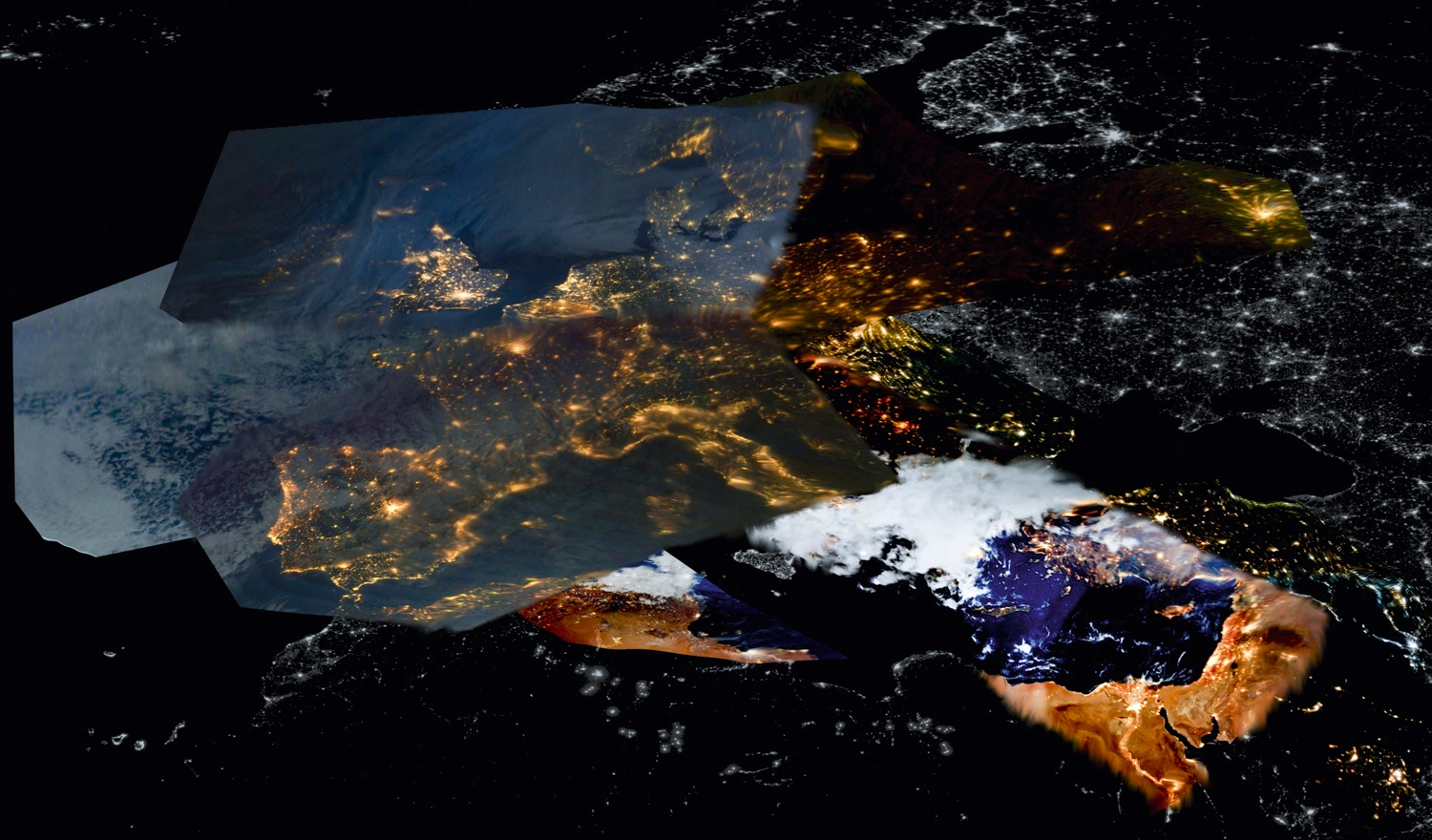 Protege Noctem by Mattia Balsamini & Raffaele Panizza — A composite satellite and astronomical image documenting light pollution across Europe.