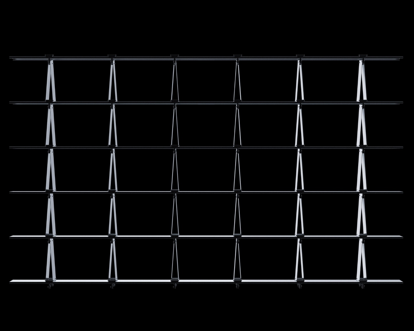 ‘Philae’ by Raphael Kadid — Raphael Kadid's Philae presents a 6×3 grid of hand-anodized aluminum panels suspended between horizontal blue metal rods in a gallery setting.