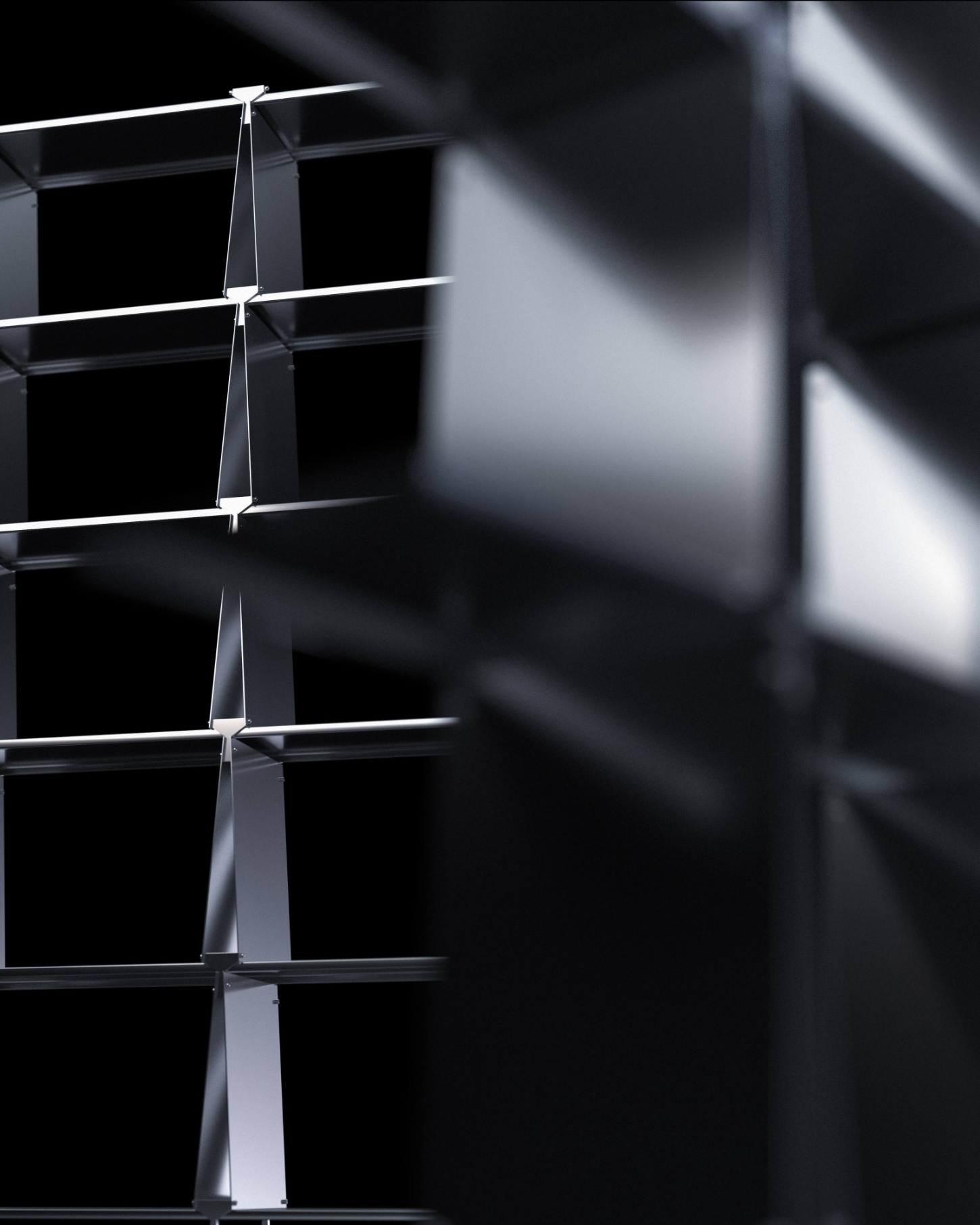 ‘Philae’ by Raphael Kadid — Philae's modular aluminum grid is photographed in raking light that emphasizes the hand-anodized surface irregularities across each suspended 2mm panel.