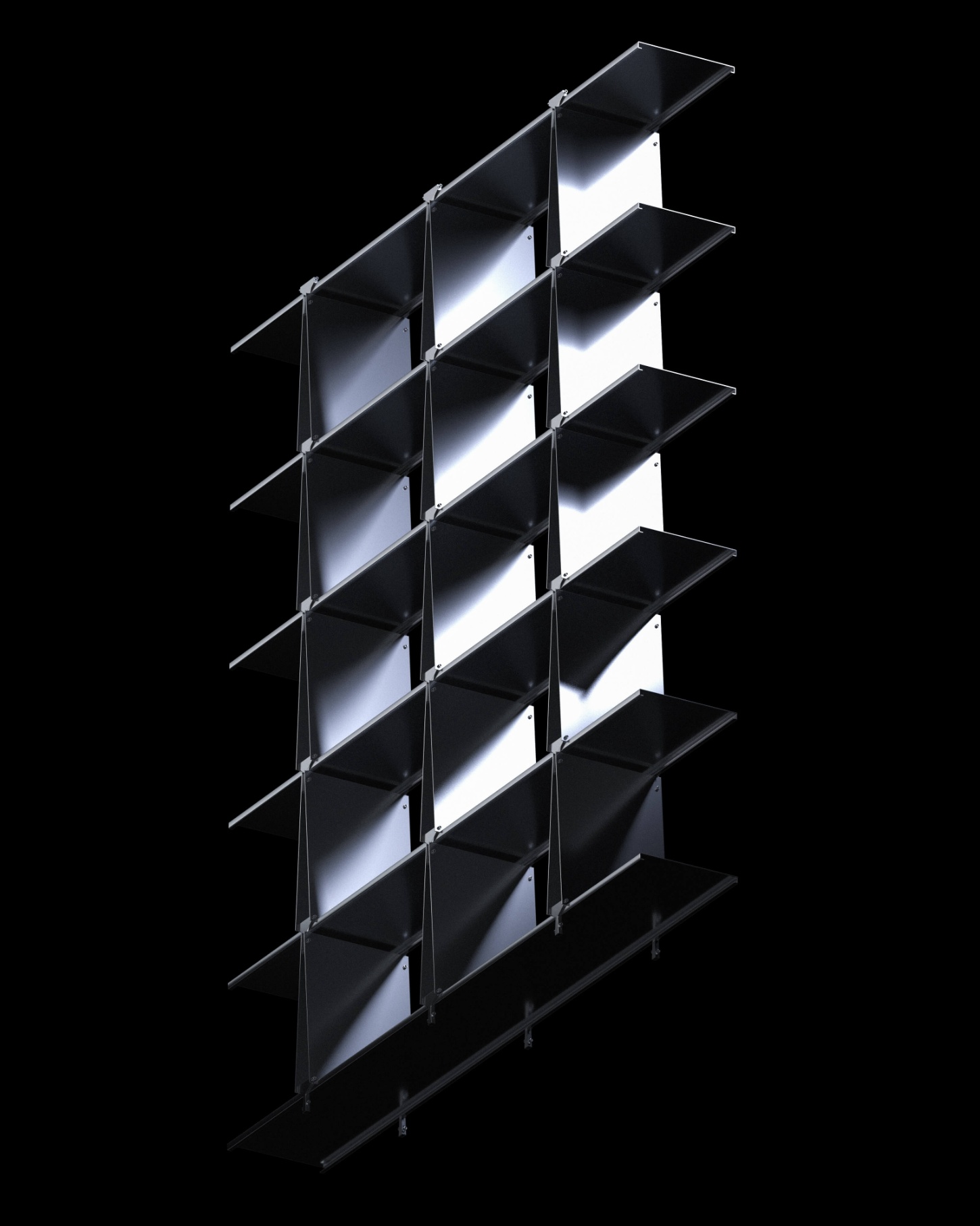 ‘Philae’ by Raphael Kadid — Philae presents a 3x3 grid of hand-anodized aluminum panels suspended between horizontal metal rods in an isometric view against black.