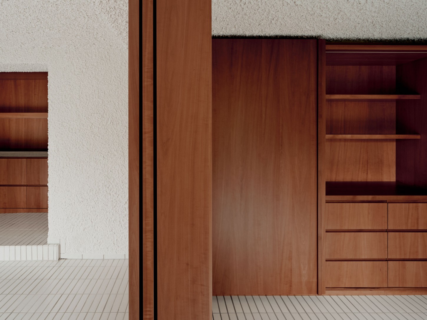 1930’s House Zurich by Ductus by Ductus St — A passage between two timber-lined spaces reveals the layered materiality of the 1930s house renovation.