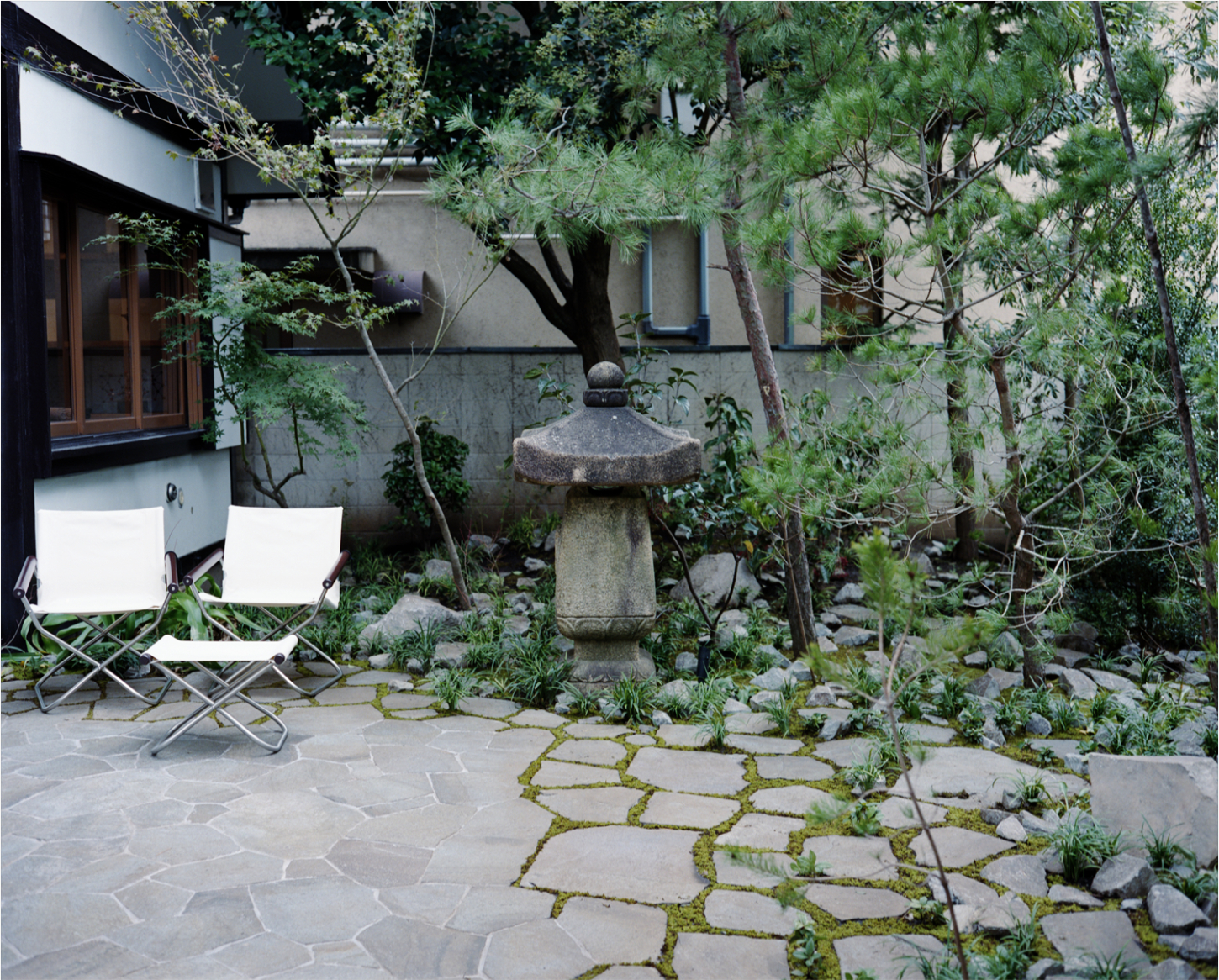 LEMAIRE Ebisu by Studio Hashimura by LEMAIRE by Studio Hashimura — A moss-lined stepping stone path winds through an overgrown courtyard, creating an organic geometry that contrasts sharply with the rectilinear architecture.