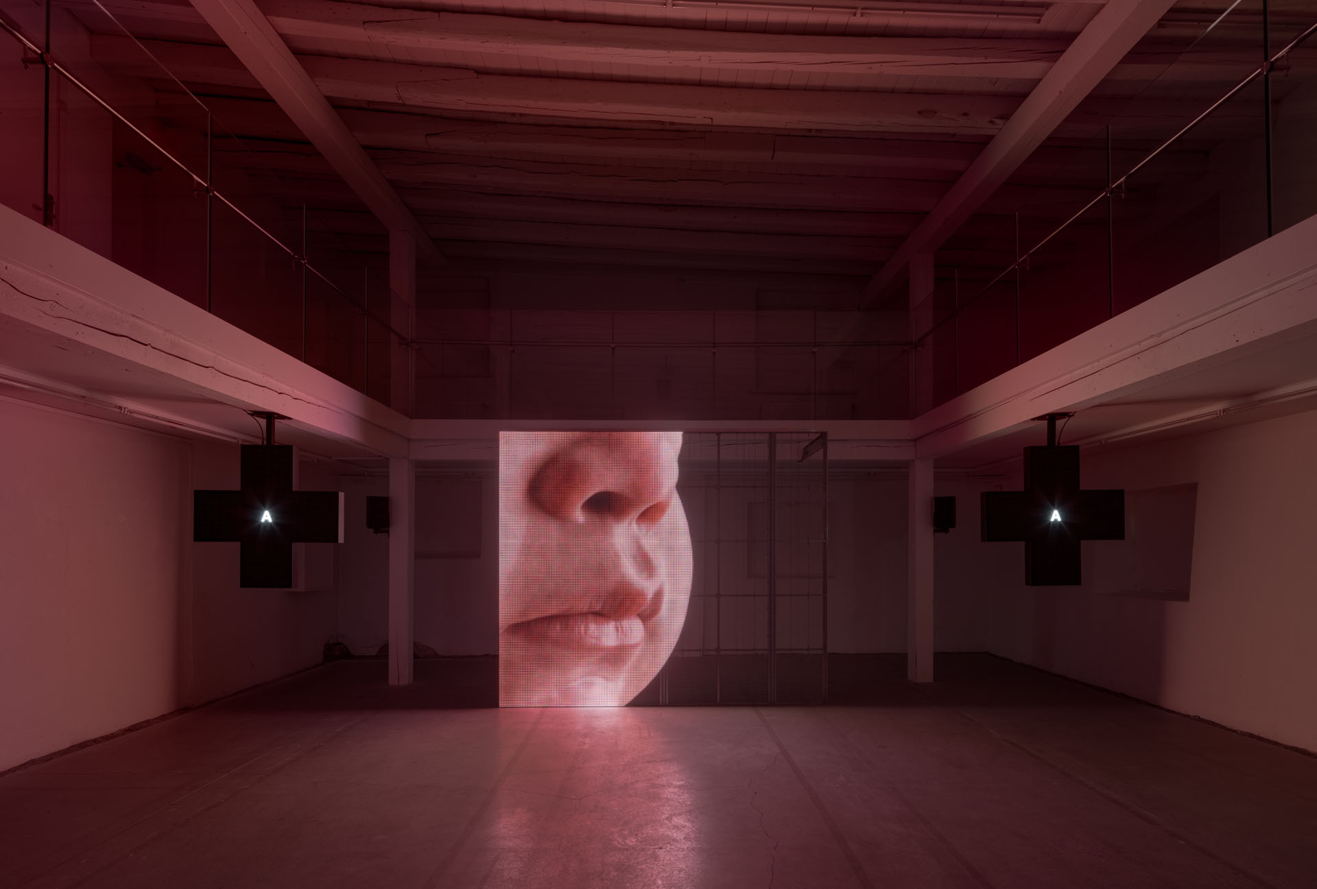 Milk Plus by Jens Settergren Viborg Kunsthal — A freestanding LED pixel grid screen displays a close-up portrait in monochromatic red tones, positioned centrally within an industrial gallery space.