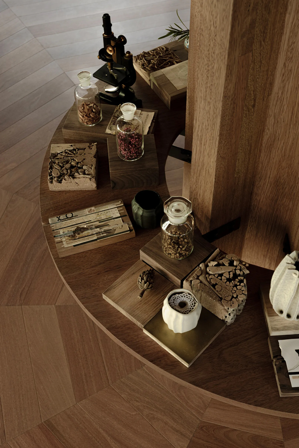 Xinú Marsella by Esrawe Studio by Estrawe Studio — Overhead view of a radial timber shelving system displaying curated objects within the Xinú Marsella pavilion.
