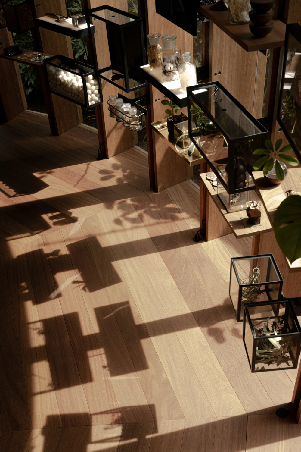 Xinú Marsella by Esrawe Studio by Estrawe Studio — Overhead view of the garden pavilion's timber interior, revealing the radial shelving system in sharp detail.
