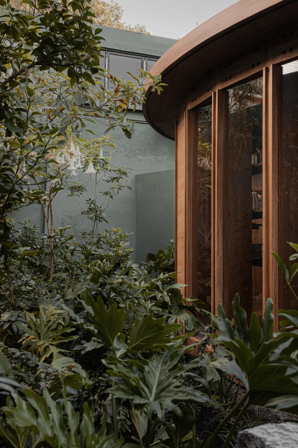 Xinú Marsella by Esrawe Studio by Estrawe Studio — A curved timber pavilion with large-format glazing frames a dense garden composition in close proximity.
