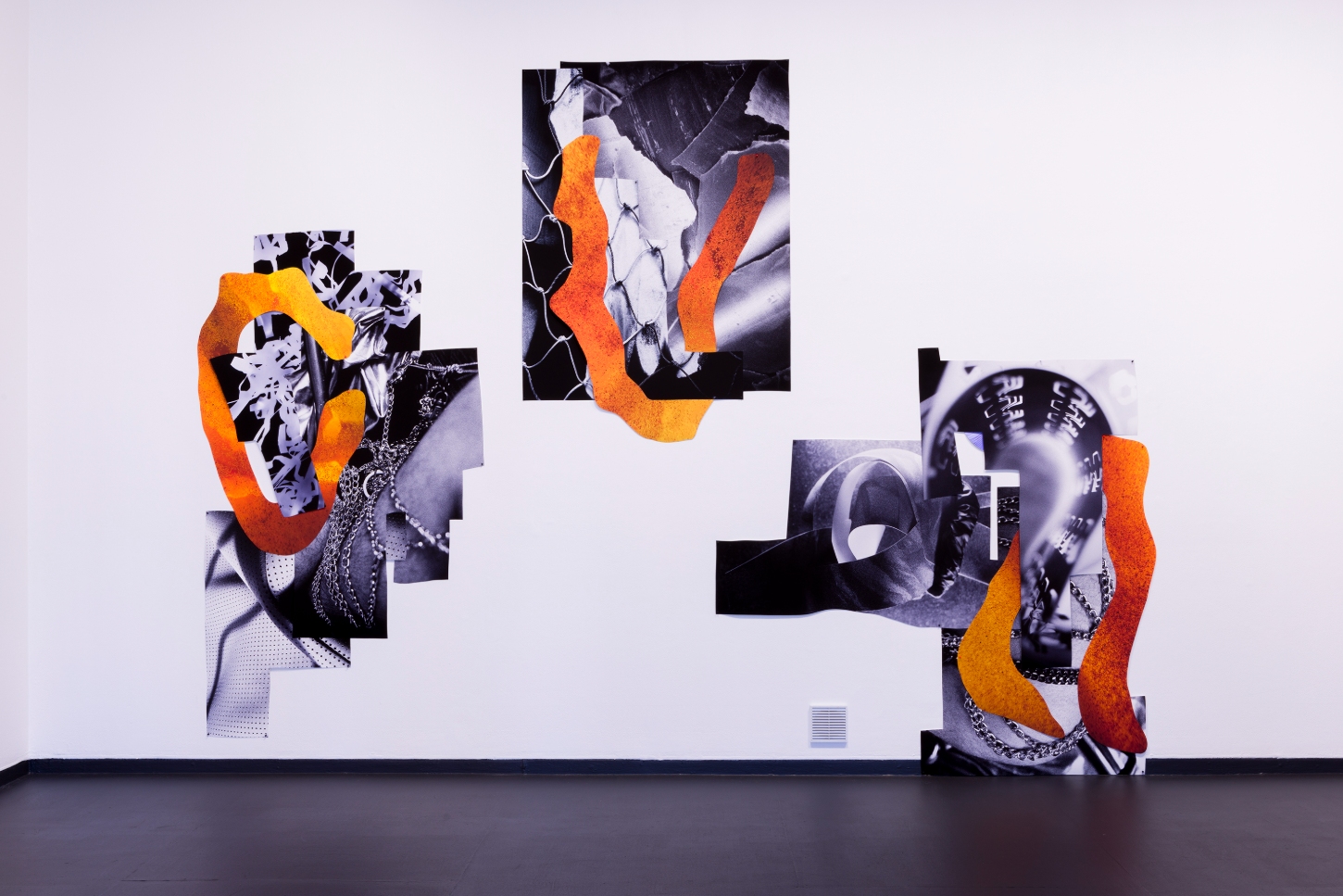 Heavy Grit by Jack Ball at PICA Gallery — Installation view featuring three distinct wall-mounted works unified by bold orange-red linear elements that traverse the gallery plane.