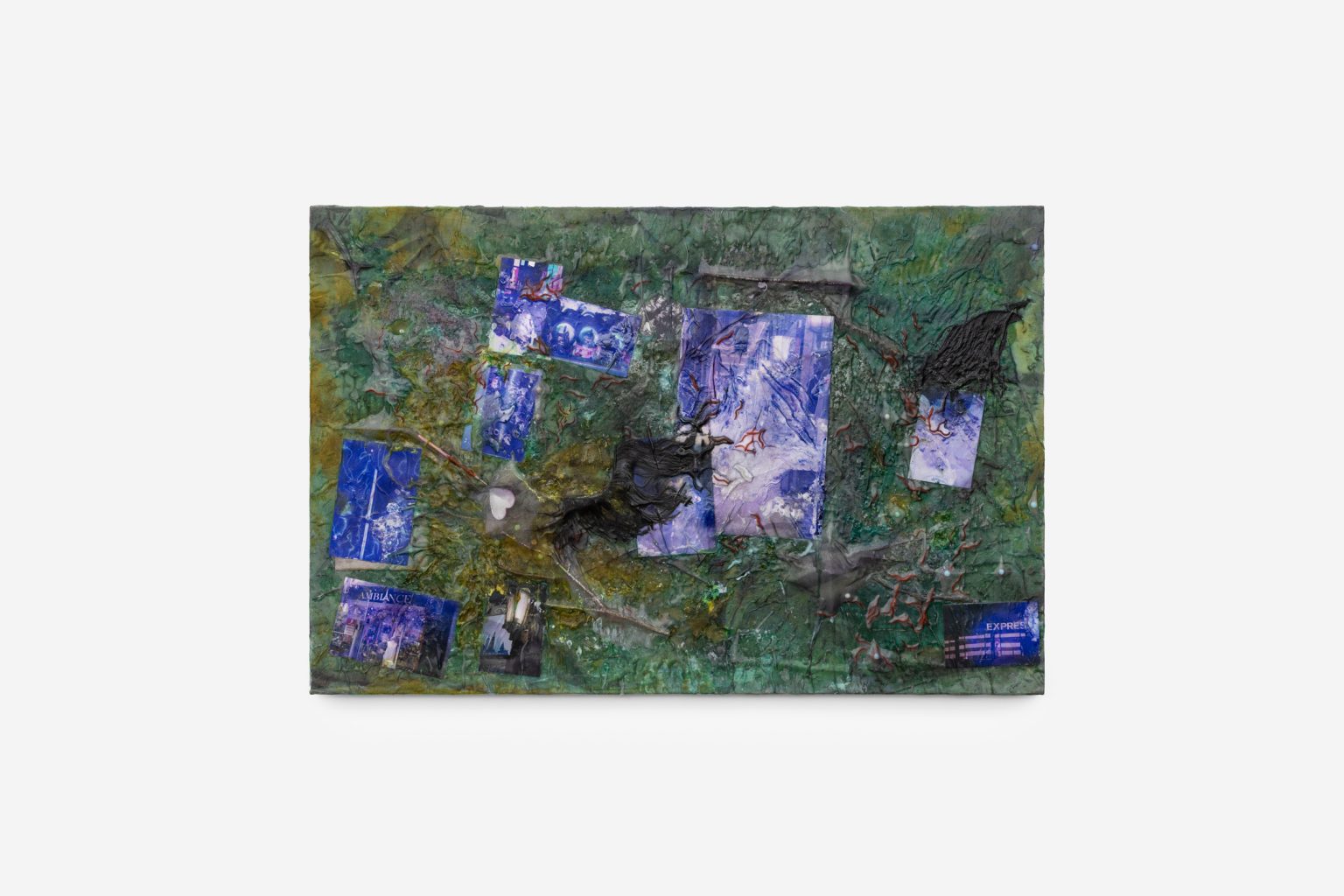 Lies by Mimosa Echard at Galerie Chantal Crousel — Overhead view of a corroded metallic tableau layered with photographic fragments depicting Parisian architectural interiors.