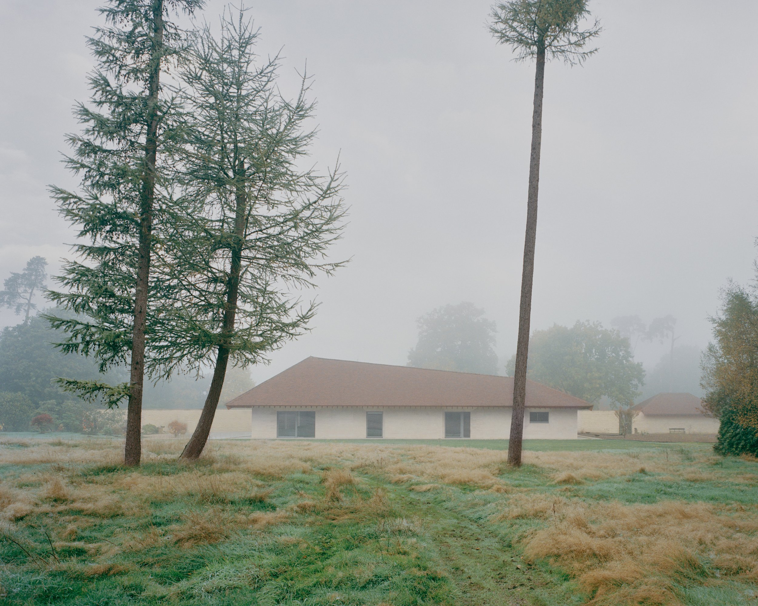 Eavesdrop by Tom Dowdall — A single-story residential structure emerges from fog-laden countryside, its rendered white facade punctuated by continuous horizontal glazing.
