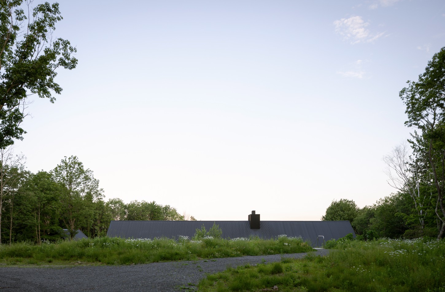 House in a Meadow by Group Projects Architecture — A single-story structure clad in black corrugated metal sits horizontally across a wild meadow in upstate New York.