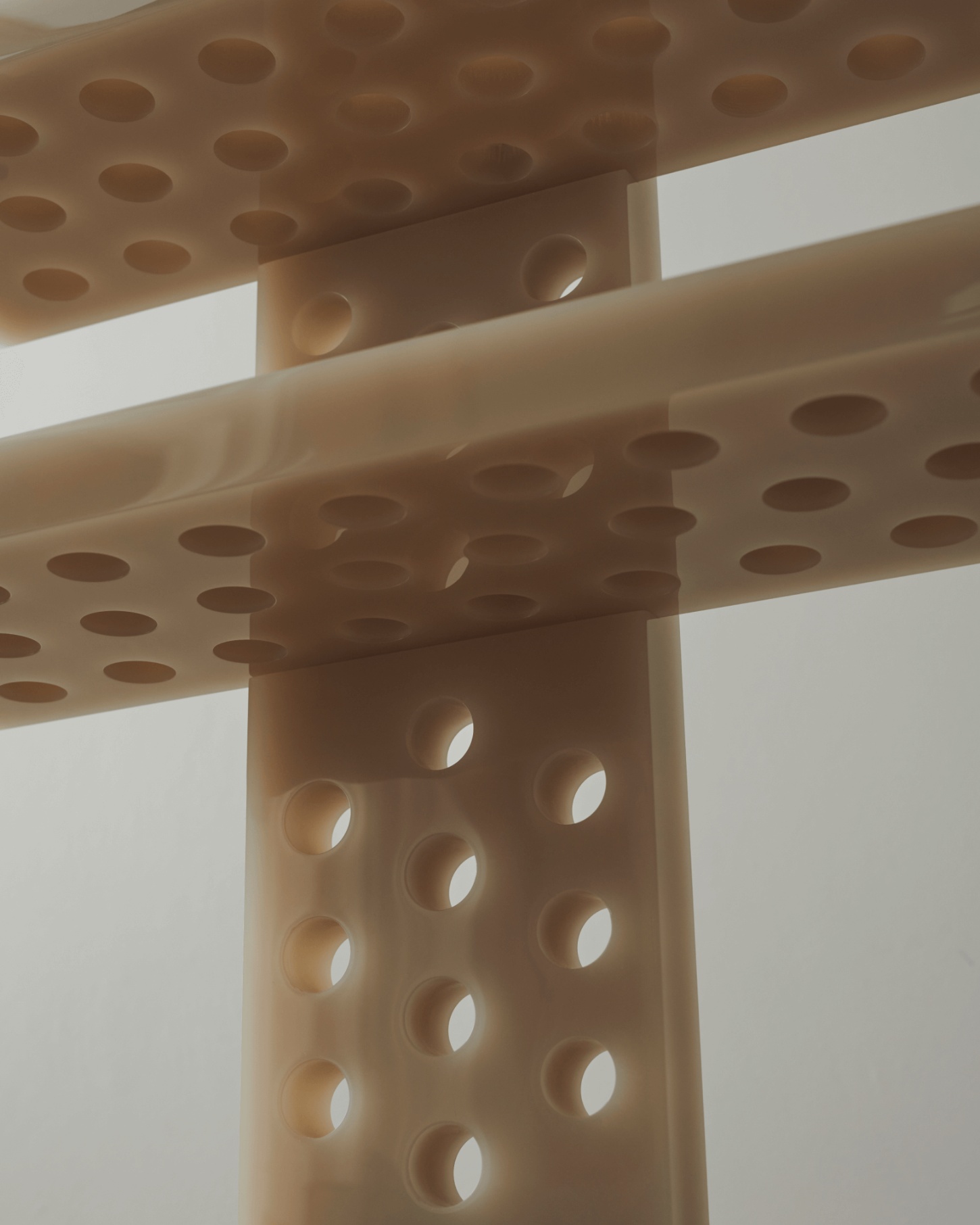 Selected Works by Forever Studio — Perforated timber structural framework photographed from below, revealing the precision engineering of Forever Studio's construction method.