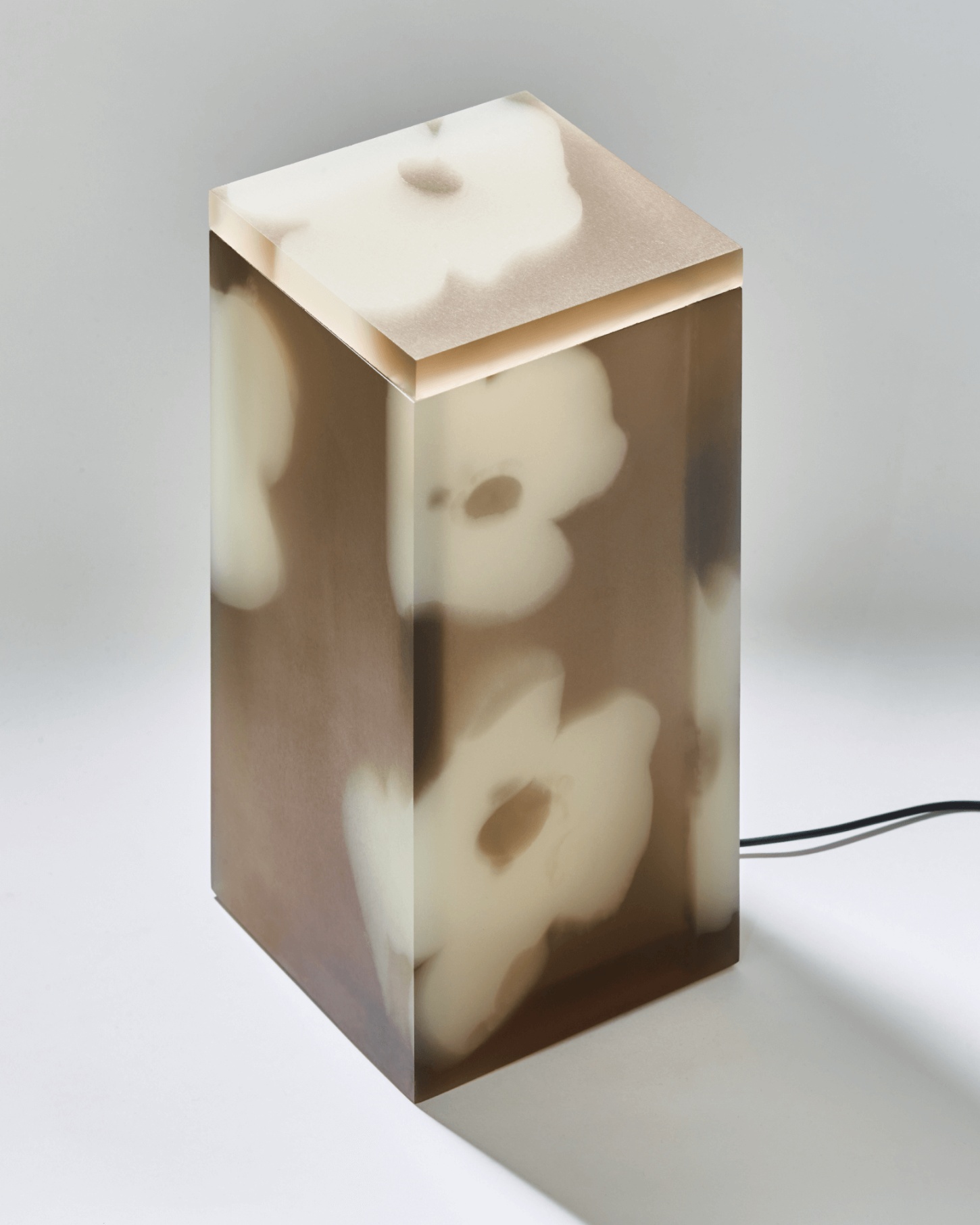Selected Works by Forever Studio — A translucent resin block houses three white sculptural forms in graduated sizes, stacked vertically and visible through the semi-opaque material.