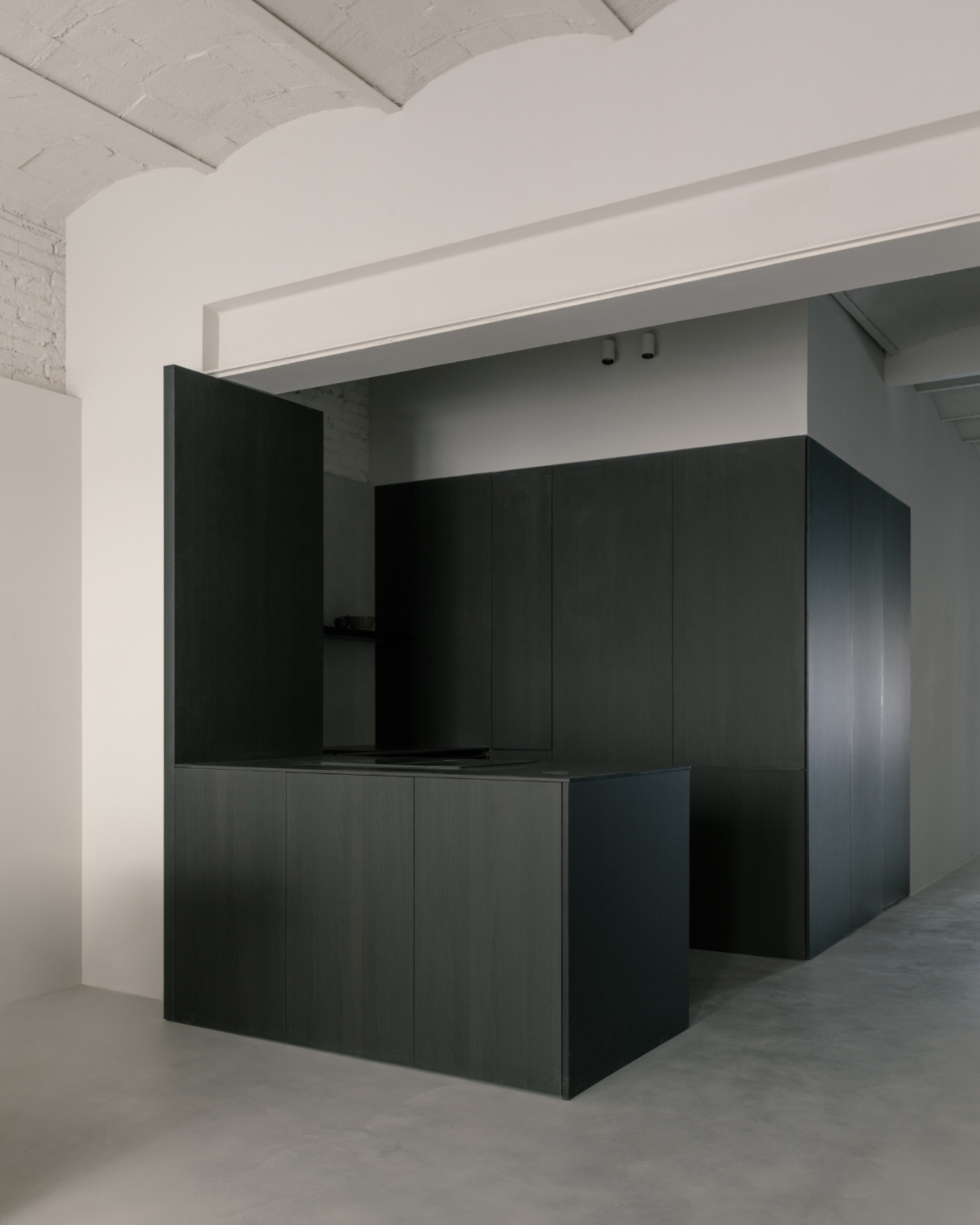 Casa Norte by CORREA Studio — A sculptural kitchen island anchors the open-plan living space, its volumetric form clad in dark charcoal cabinetry with vertical panel divisions and...