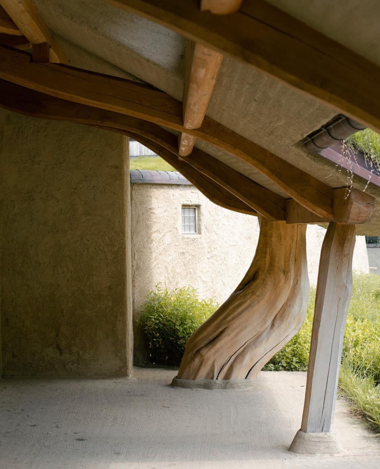 La Collina Ōmi-Hachiman by Terunobu Fujimori + Michele De Lucchi — Underside view of timber structural framework supporting a pitched roof, revealing the post-and-beam construction that anchors La Collina to its hillside site.