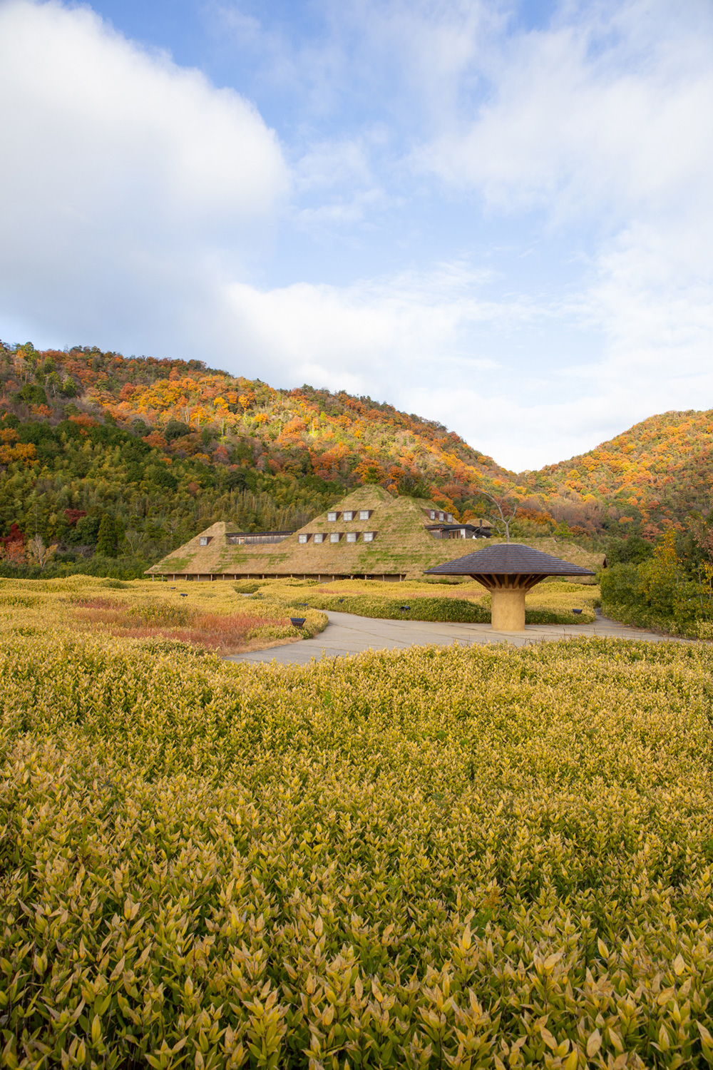 La Collina Ōmi-Hachiman by Terunobu Fujimori + Michele De Lucchi — La Collina's primary structure emerges within a vast cultivated landscape, its grass-covered roof integrated into the hillside topography.