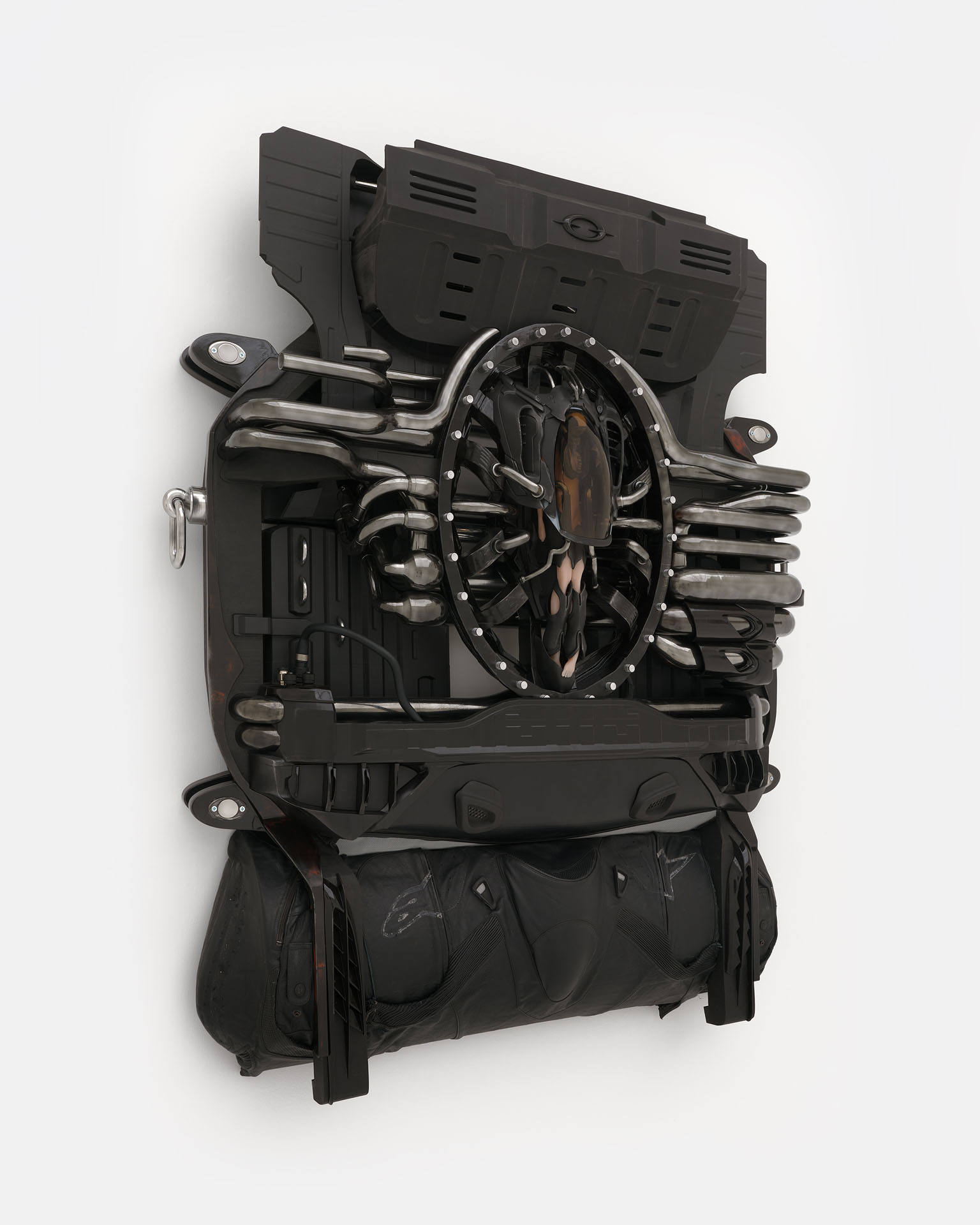 ENDO– by Taylor Ashby Hawkins at ASHES/ASHES — A wall-mounted sculptural assemblage constructed from disassembled automotive engine components—ribbed cylinder heads and finned metallic...