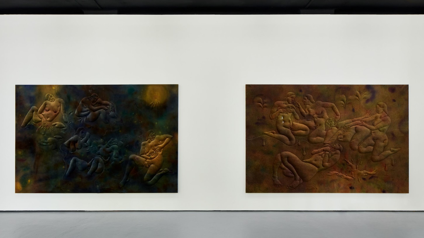 Thirst by Eliška Konečná at Polansky — Two sandstone relief panels depicting intertwined nude figures in various states of repose and physical contact.