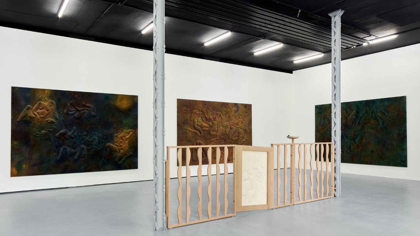 Thirst by Eliška Konečná at Polansky — A wooden sculptural enclosure dominates the gallery floor, its slatted pine frame defining a contained viewing chamber.