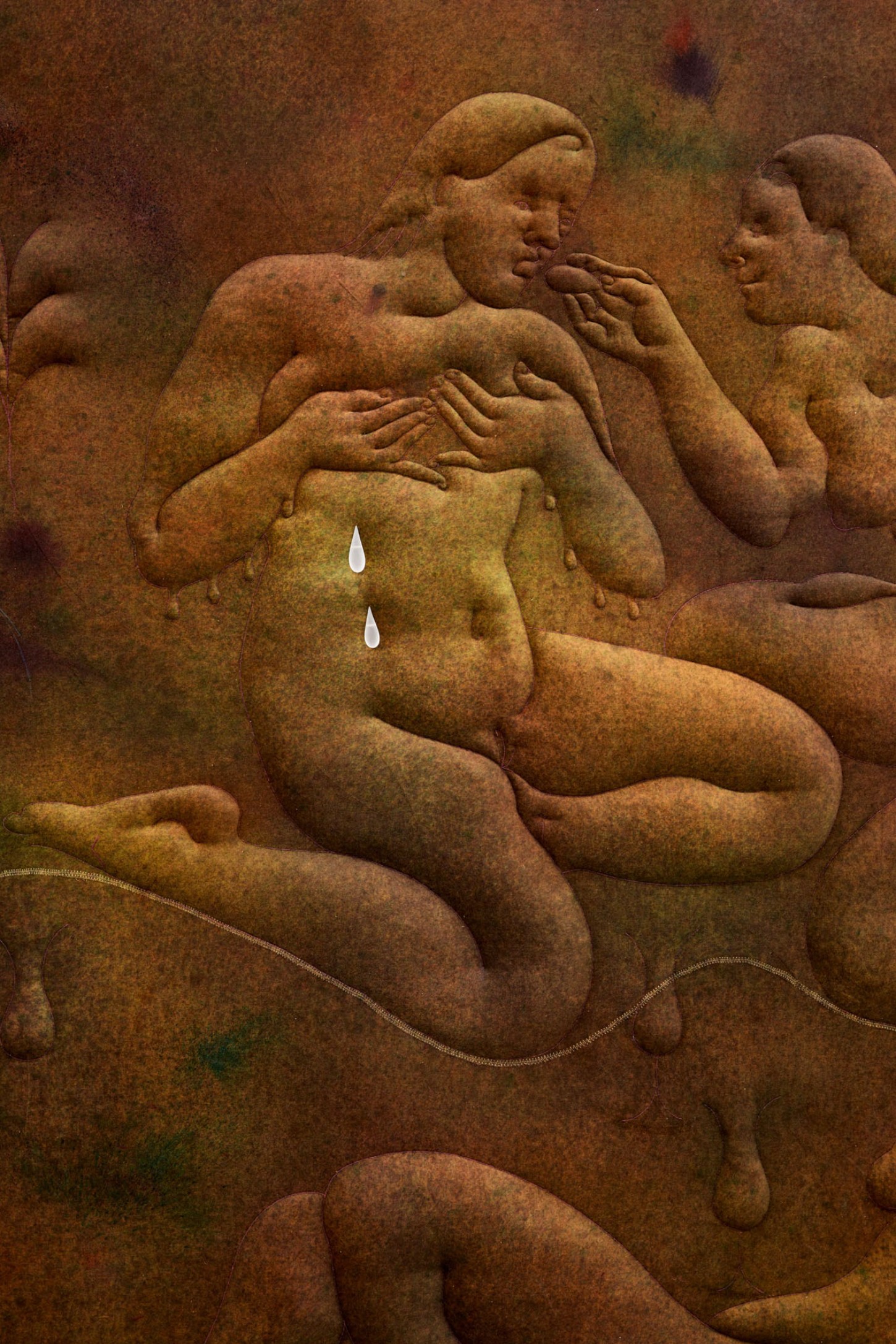 Thirst by Eliška Konečná at Polansky — Relief carving in sandstone depicting clustered nude figures in various states of repose and interaction.