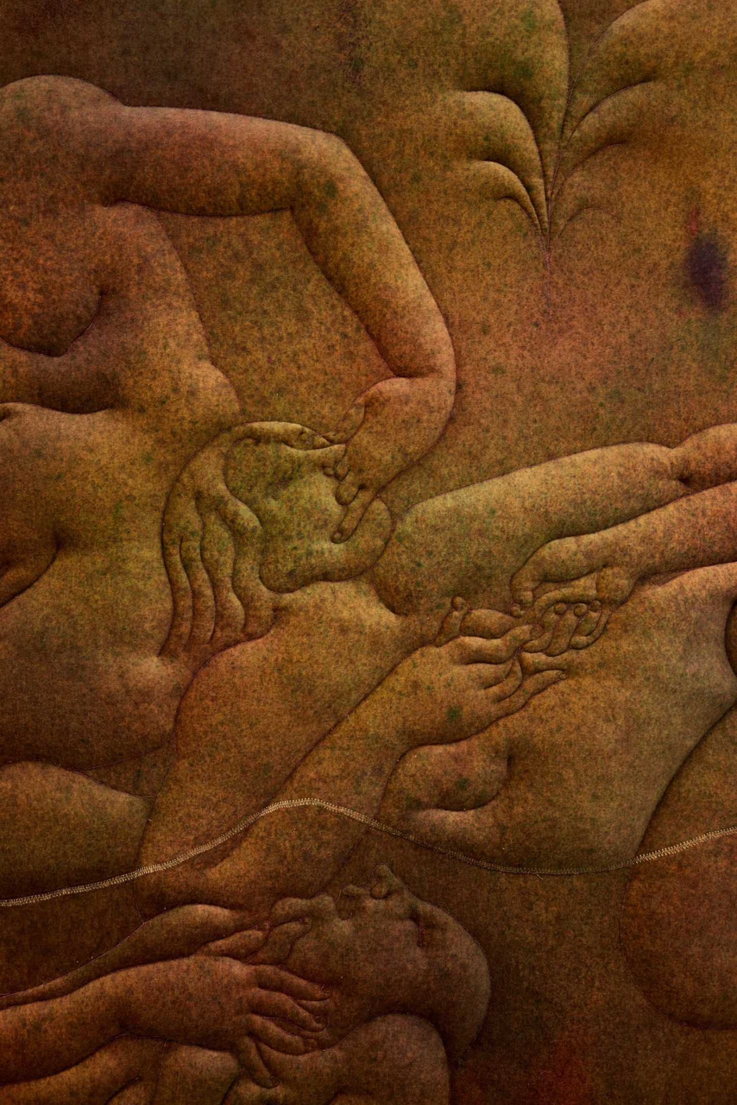 Thirst by Eliška Konečná at Polansky — Carved sandstone relief depicting multiple overlapping nude figures in varying states of repose and physical contact.