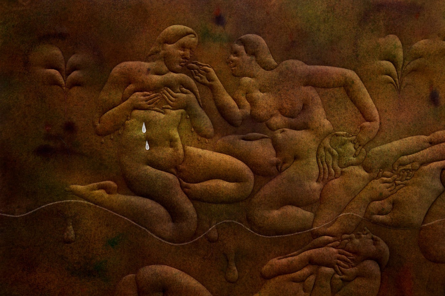 Thirst by Eliška Konečná at Polansky — Carved sandstone relief depicting multiple overlapping nude figures in reclined and seated poses within a shared compositional field.