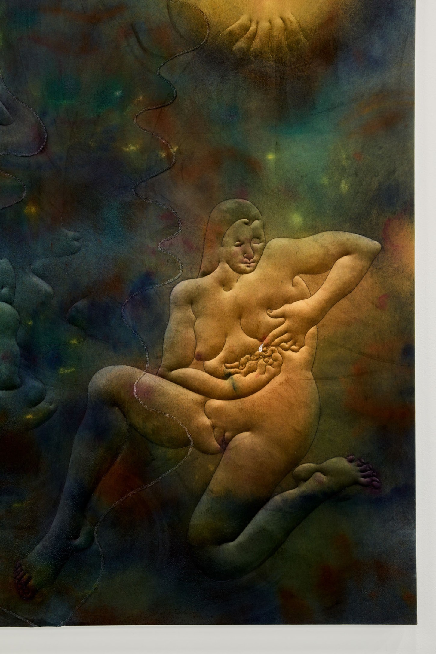 Thirst by Eliška Konečná at Polansky — Carved sandstone relief depicting overlapping nude figures in states of repose and physical contact, rendered in high relief against a recessed ground.