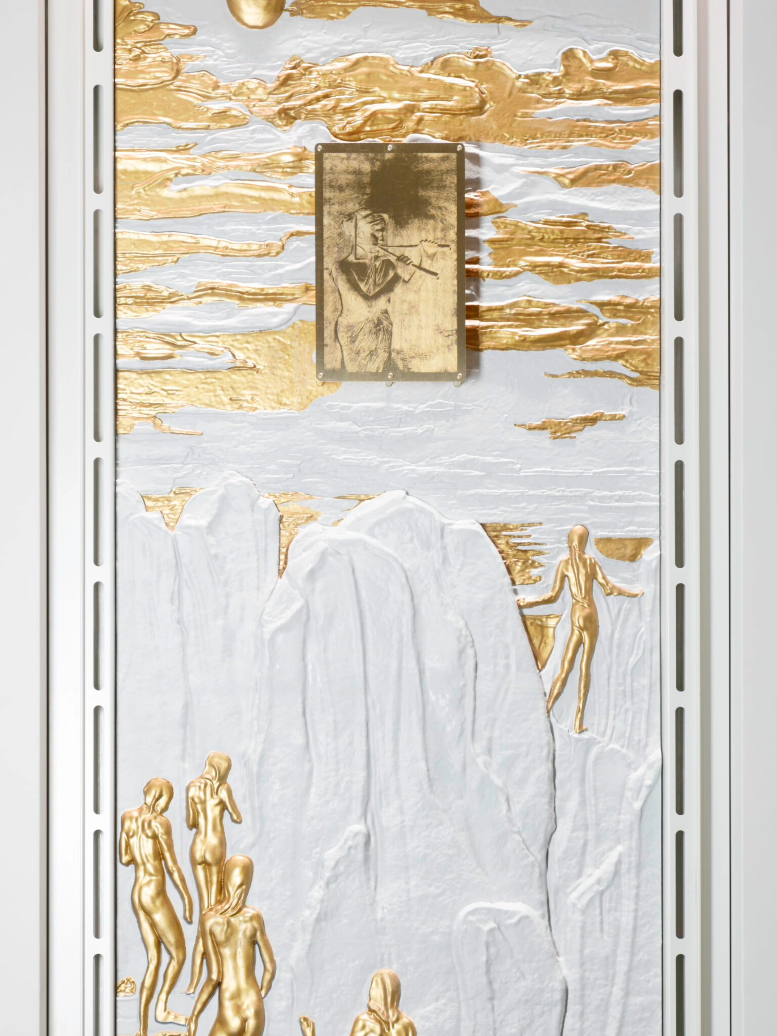 The Call by Holly Herndon & Mat Dryhurst at Serpentine North — A vertical relief installation featuring white plaster panels with embossed human figures in various poses, arranged across two tiers.