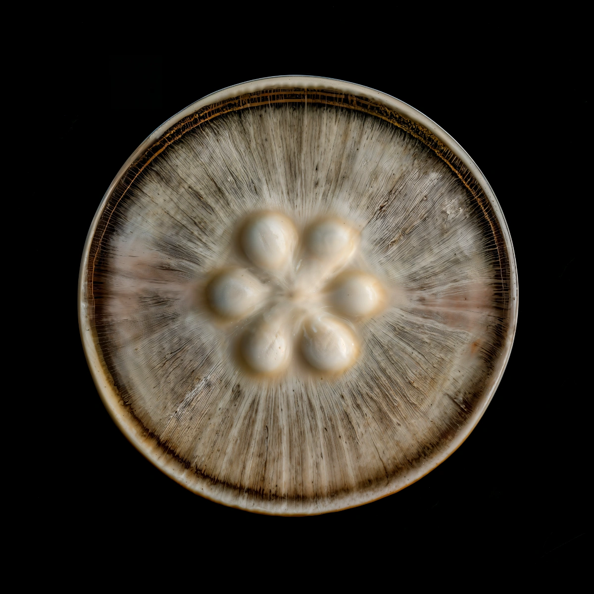 mycelium network:abstraction by SYS™ — A top-down photograph of a petri dish containing a radial mycelial network rendered in grayscale tones.