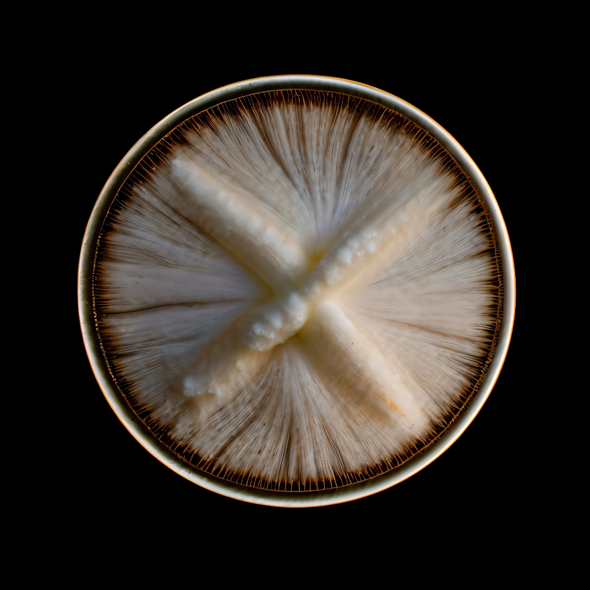 mycelium network:abstraction by SYS™ — A laboratory-grade petri dish photographed in close-up against black, revealing a radial filament network rendered in fine, hair-like strands that emanate...