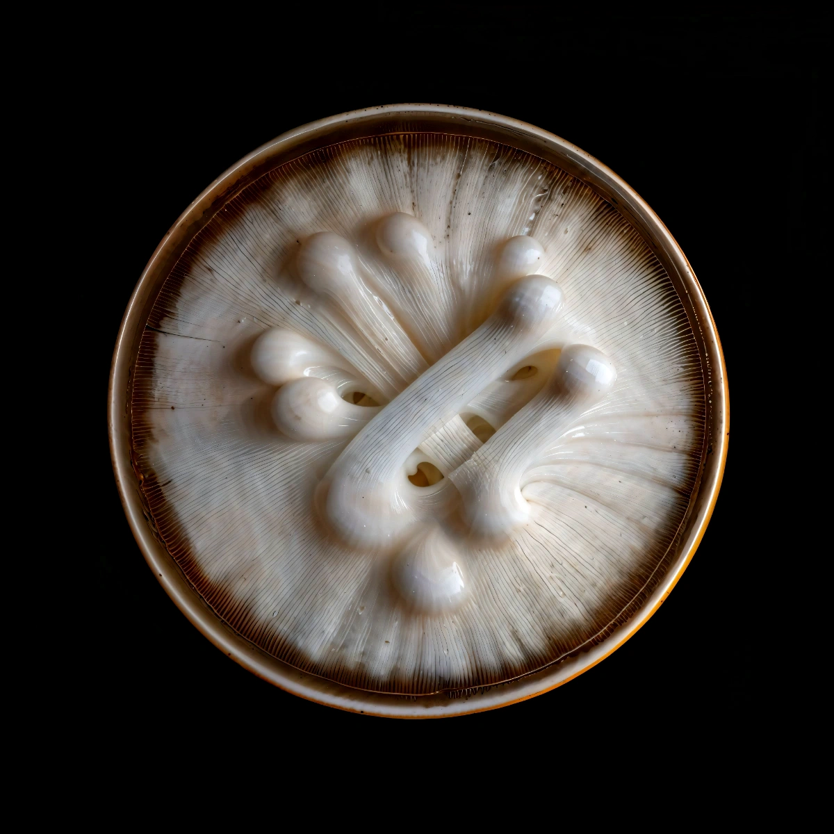 mycelium network:abstraction by SYS™ — A laboratory-grade petri dish photographed from directly above reveals a biomorphic arrangement of white spherical structures clustered at center,...